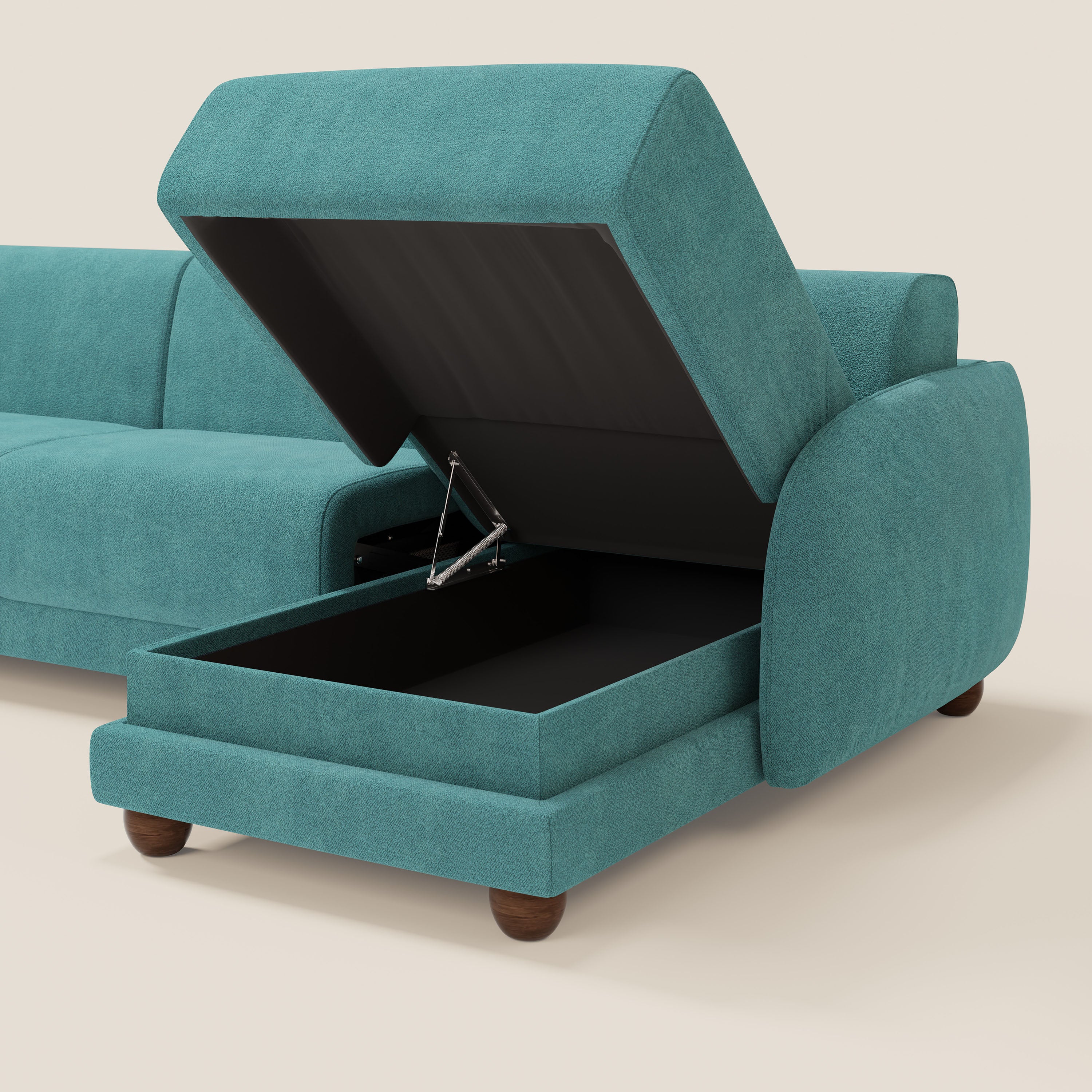 Giglio divano letto angolare con materasso alto 18 cm e penisola contenitore in morbido bouclé impermeabile T07 - divani.store