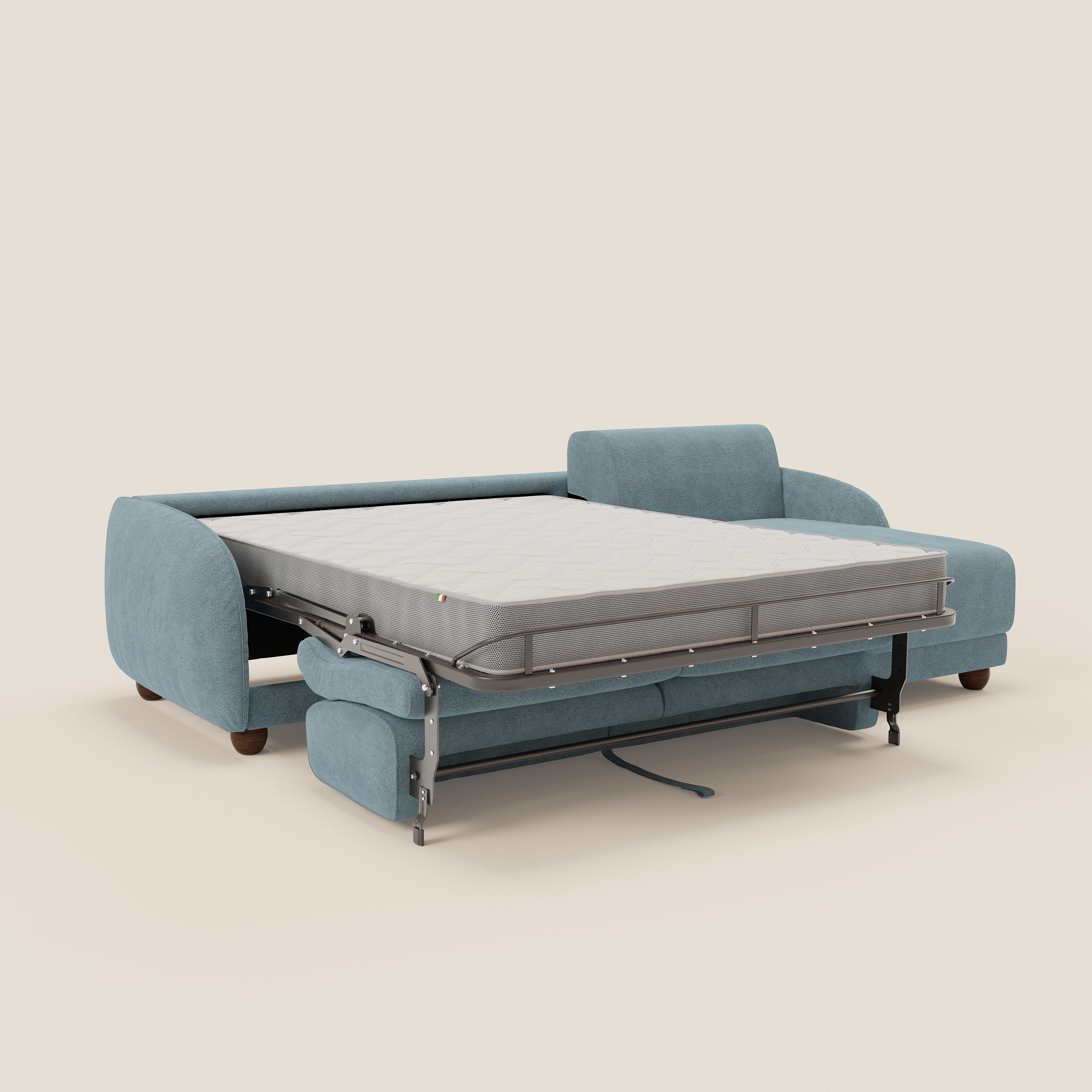 Giglio divano letto angolare con materasso alto 18 cm e penisola contenitore in morbido bouclé impermeabile T07 - divani.store
