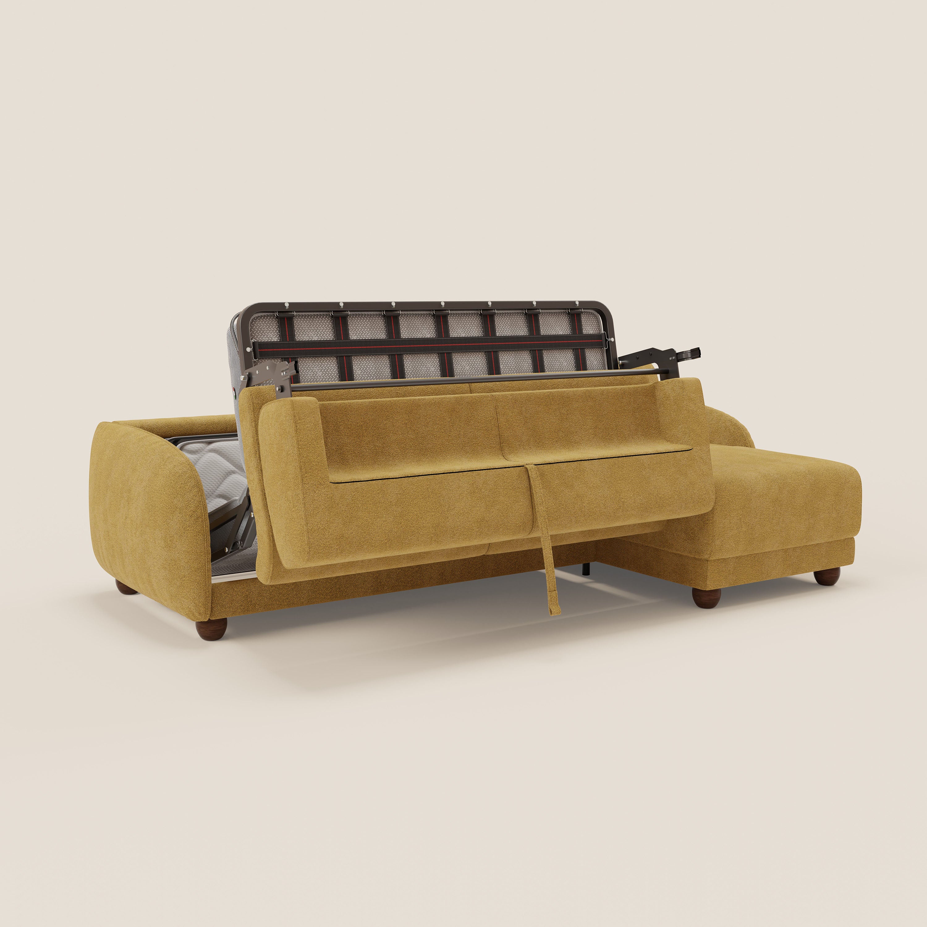 Giglio divano letto angolare con materasso alto 18 cm e penisola contenitore in morbido bouclé impermeabile T07 - divani.store