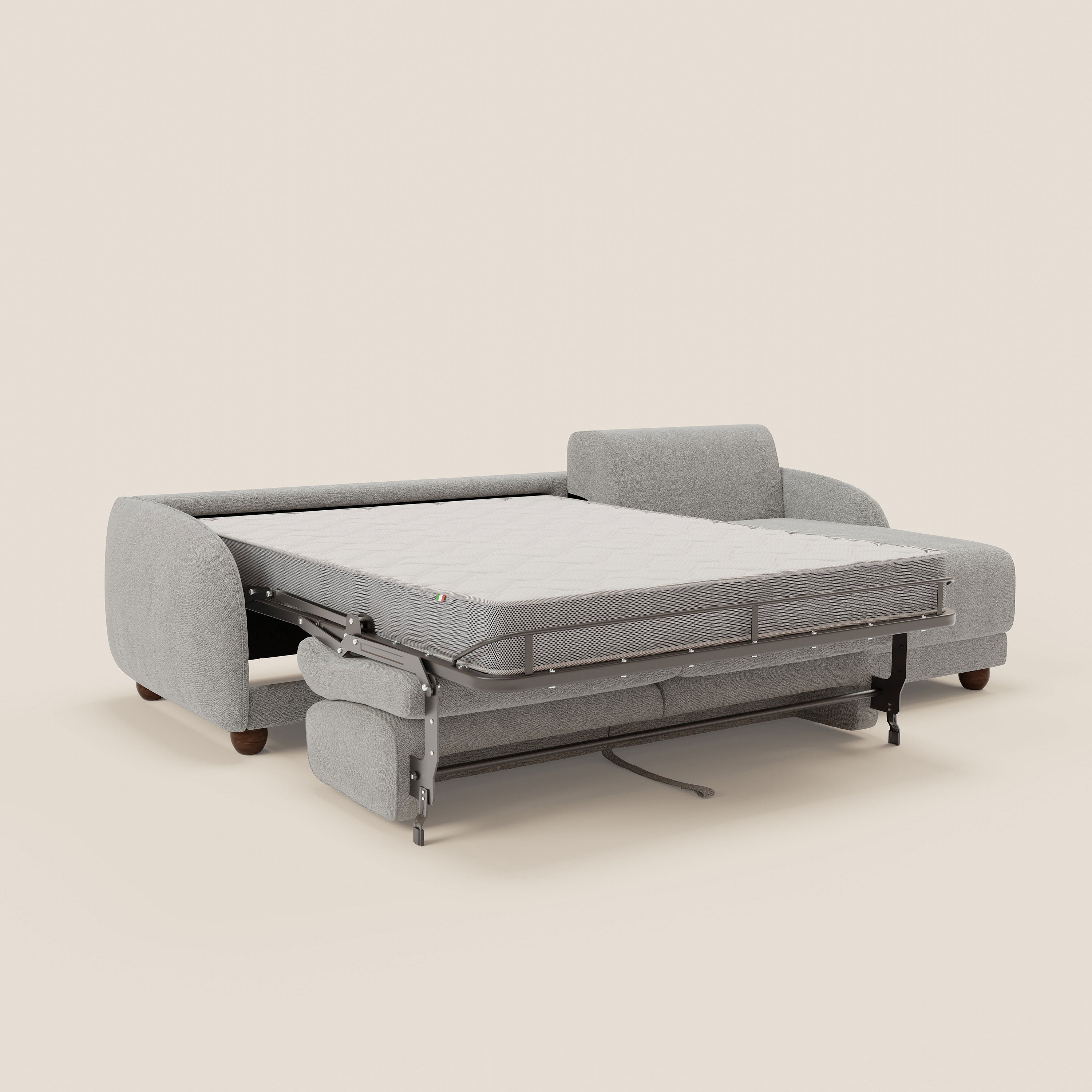 Giglio divano letto angolare con materasso alto 18 cm e penisola contenitore in morbido bouclé impermeabile T07 - divani.store