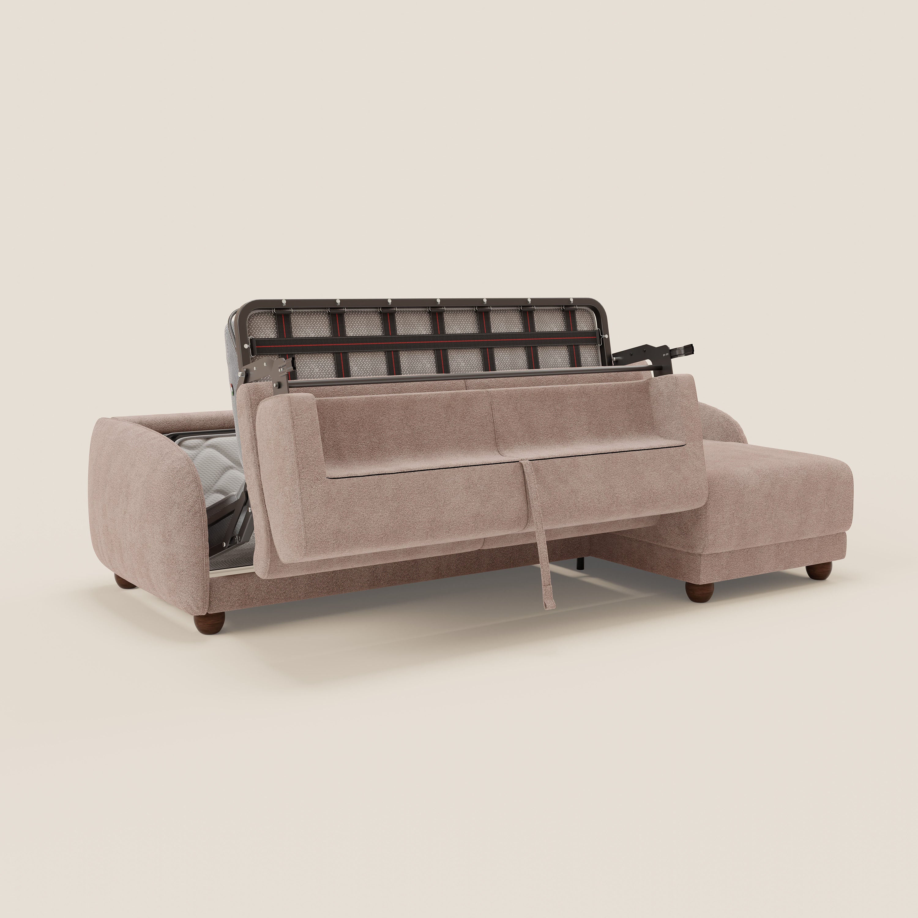 Giglio divano letto angolare con materasso alto 18 cm e penisola contenitore in morbido bouclé impermeabile T07 - divani.store