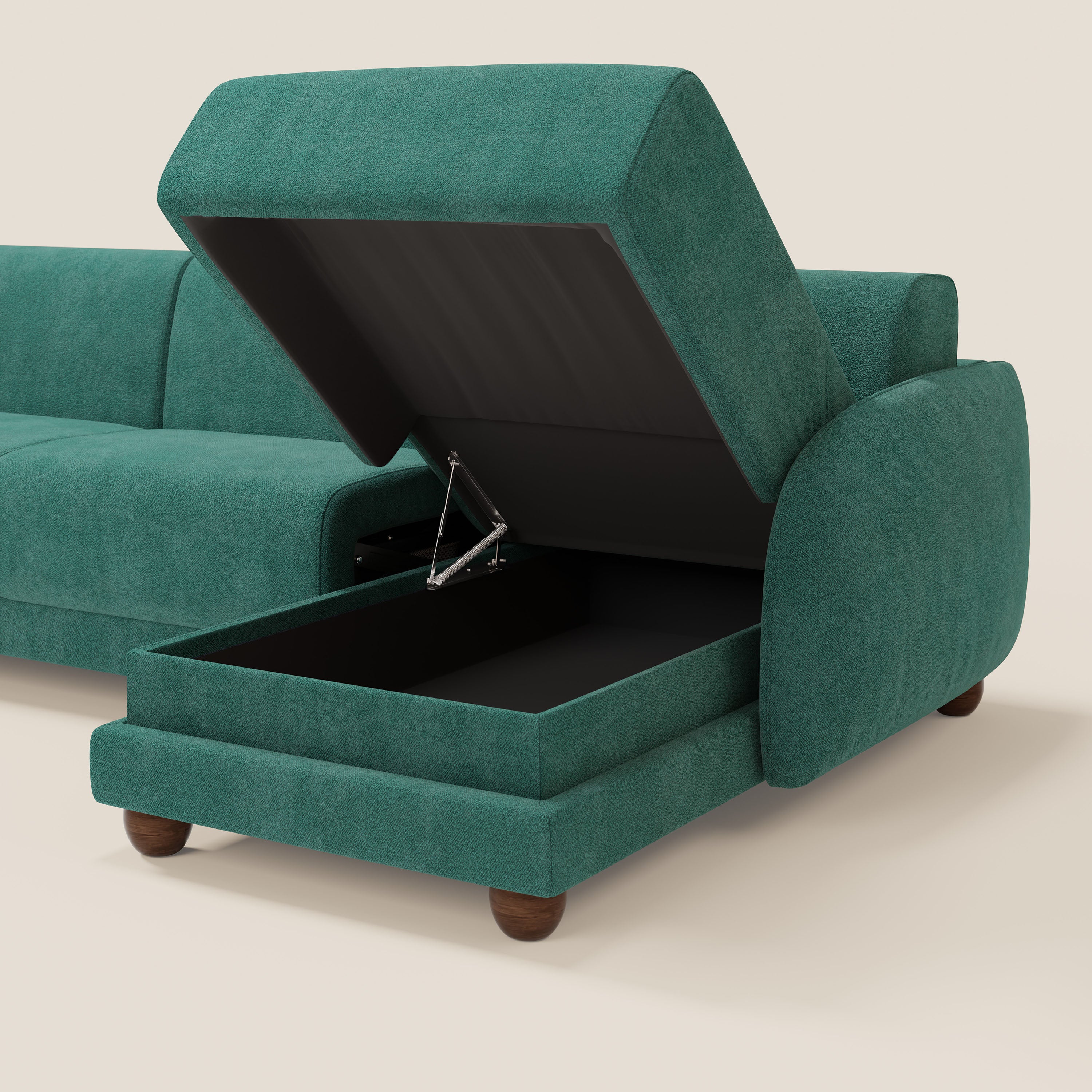 Giglio divano letto angolare con materasso alto 18 cm e penisola contenitore in morbido bouclé impermeabile T07 - divani.store