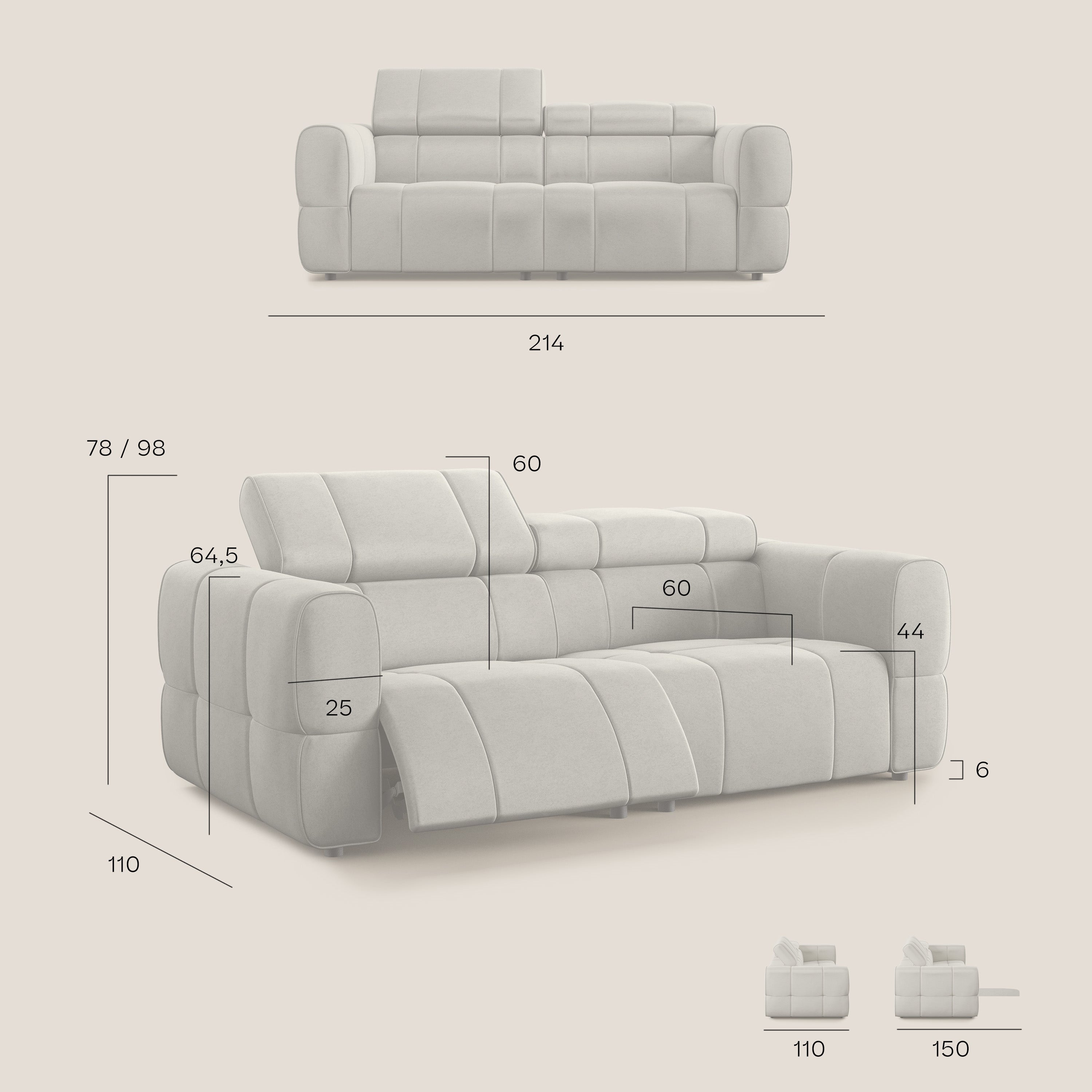 Giotto Divano modulare con opzione relax elettrico in microfibra effetto velluto impermeabile T09 antracite - divani.store
