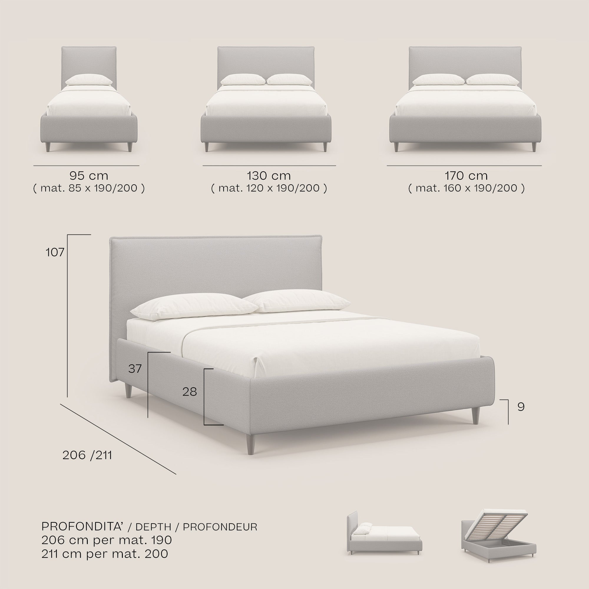 Hunter letto imbottito contenitore sfoderabile in tessuto impermeabile fiammato T19 beige - divani.store