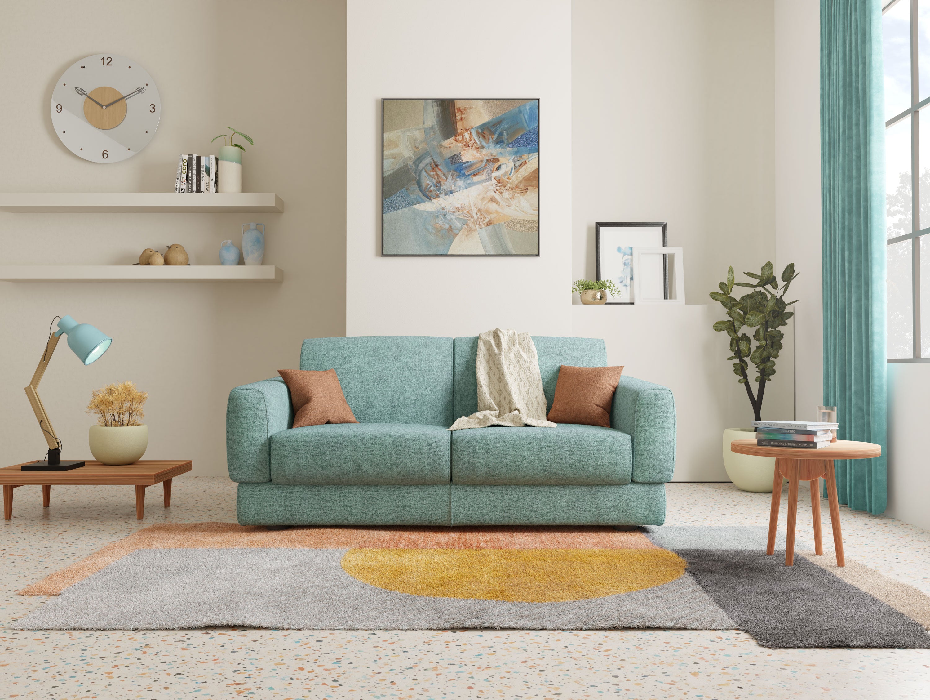 Un soggiorno moderno con il letto matrimoniale Happy Divano di Divani.Store in salvia T10, due cuscini marroni, una coperta crema, un tappeto geometrico, una lampada blu, mensole a muro, arte astratta e tende verde acqua per un comfort eccezionale.