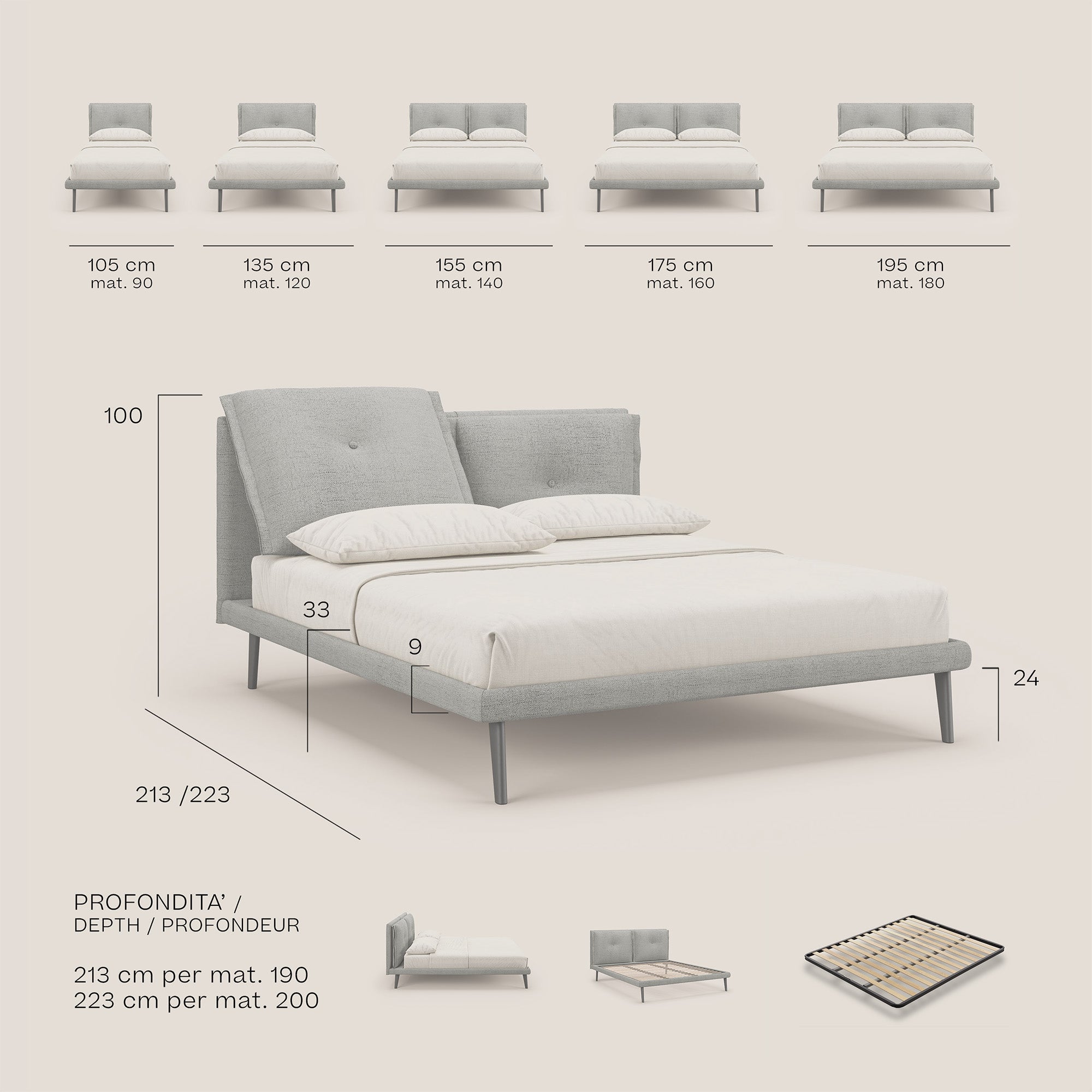 Ibuki letto con cuscini trapuntati regolabili e piedi in mogano in tessuto fiammato impermeabile T03 azzurro - divani.store