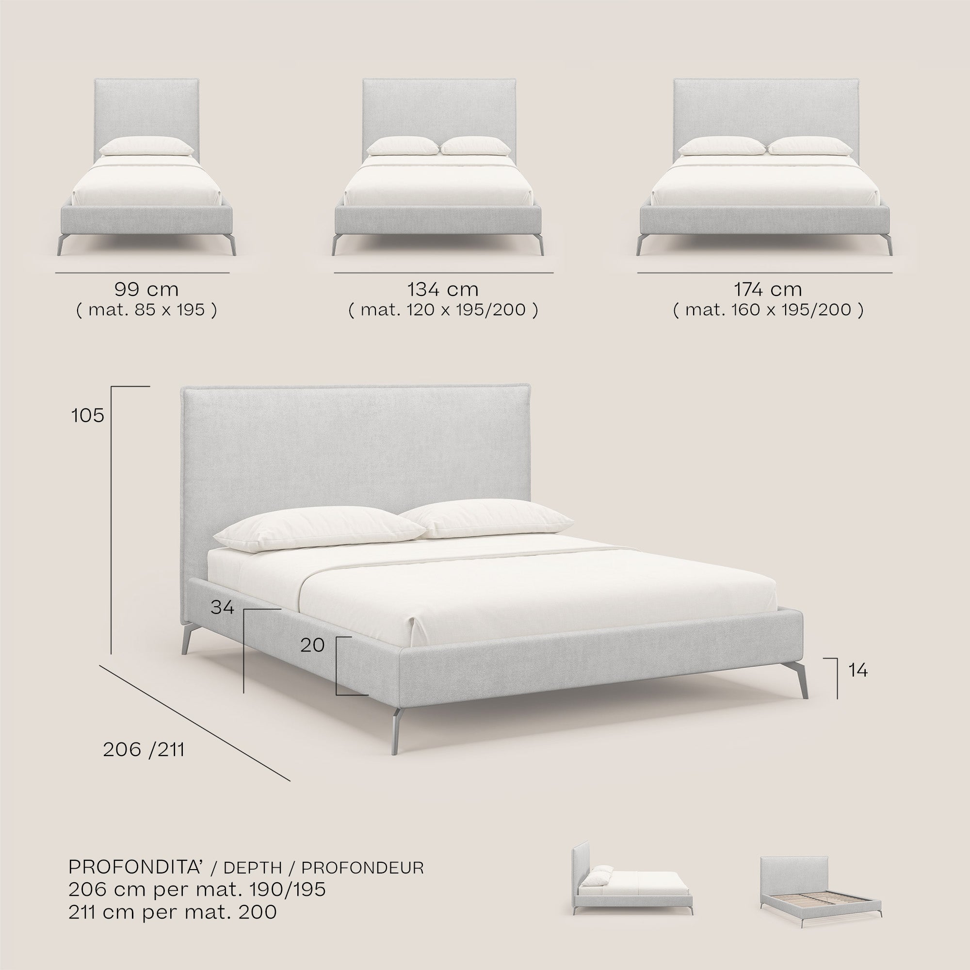 Iris letto imbottito con piedini neri sfoderabile in tessuto impermeabile T02 panna - divani.store