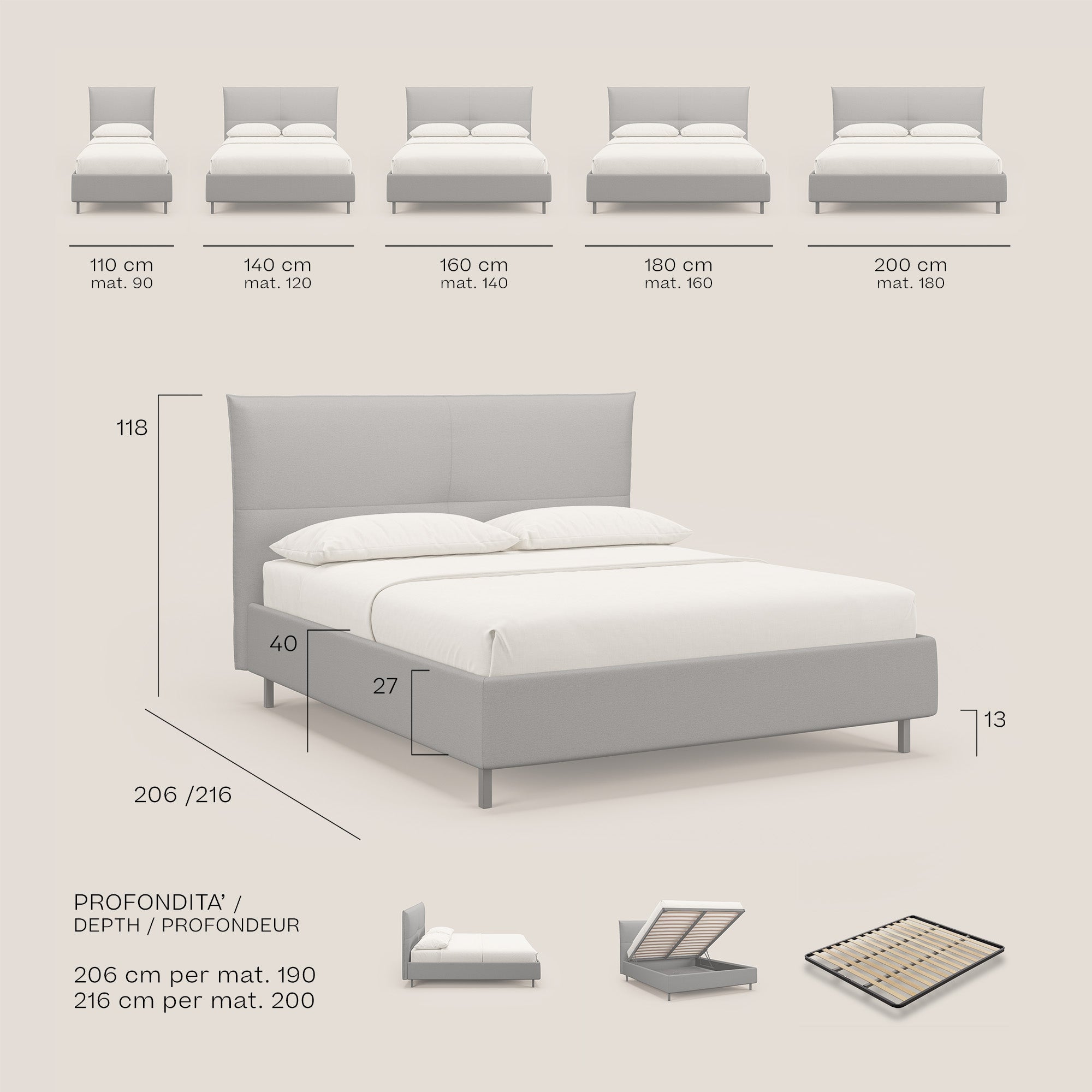 Izumi letto imbottito contenitore con piedi alti in tessuto smacchiabile T05 antracite - divani.store