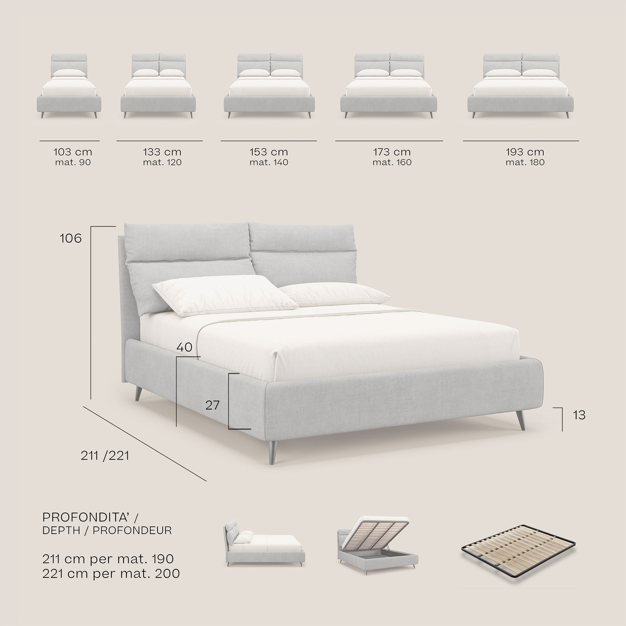 Jerry letto imbottito contenitore e cuscini reclinabili in tessuto smacchiabile T17 beige - divani.store