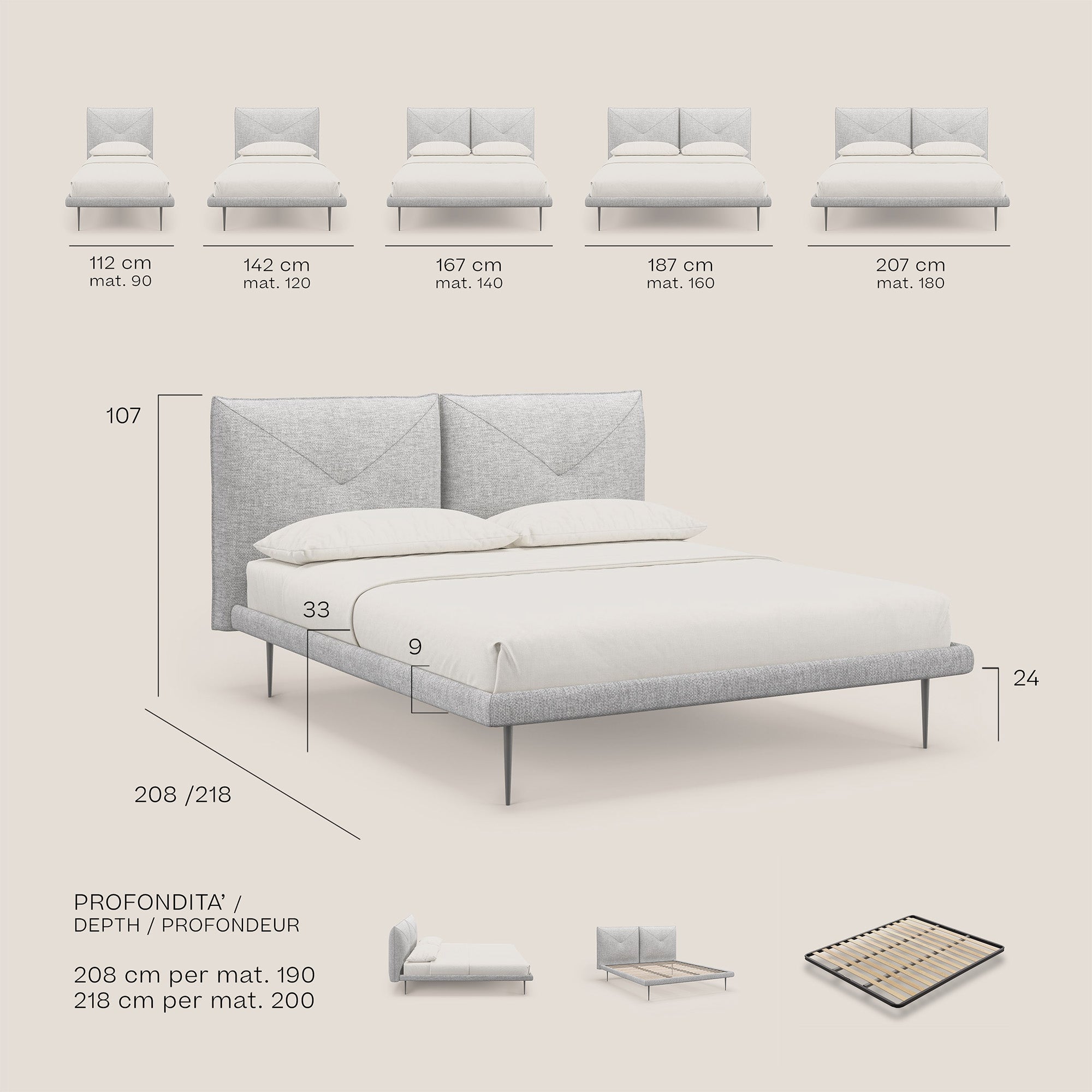 Jolie letto a doppio pannello con piedi alti in metallo in tessuto smacchiabile T18 rosa - divani.store