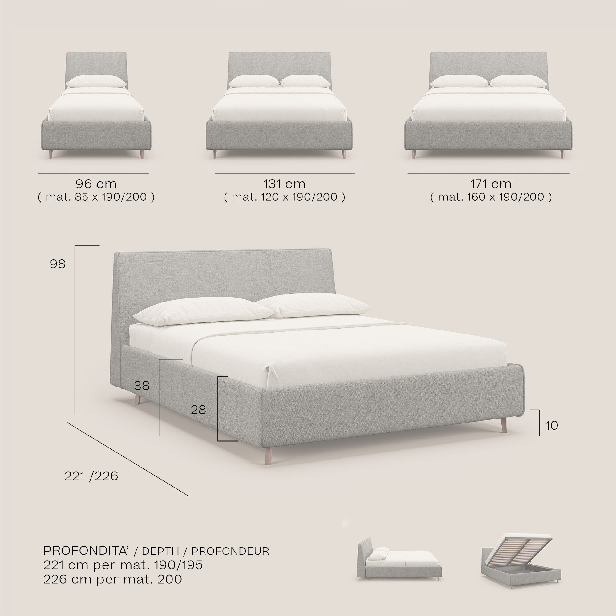 Justin letto imbottito contenitore e sfoderabile in tessuto fiammato impermeabile T03 blu - divani.store