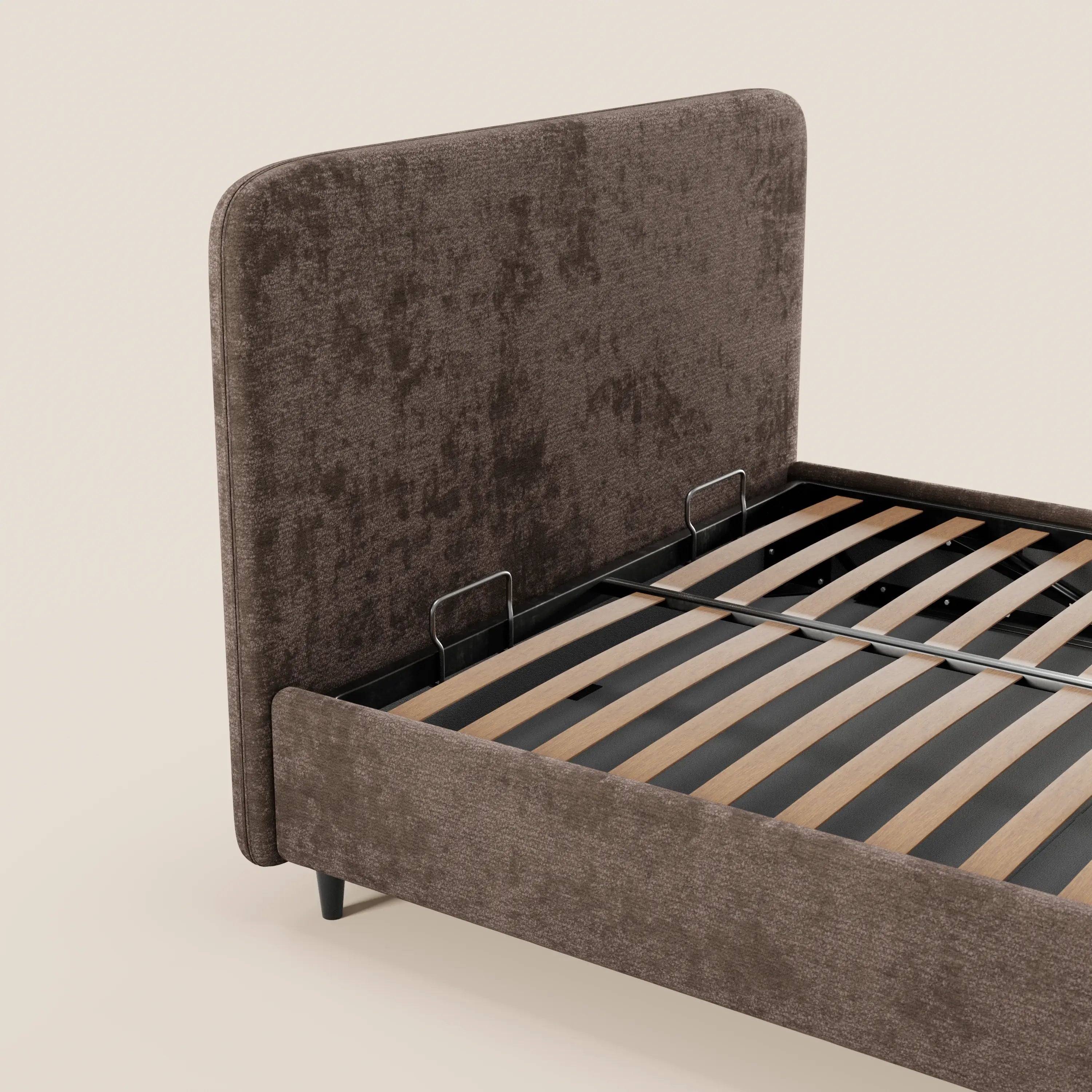 Il letto imbottito KAELOS minimal di Letti.store presenta una testiera arrotondata in tessuto ciniglia, piedini alti e un vano contenitore: un design moderno e pratico per la zona notte.