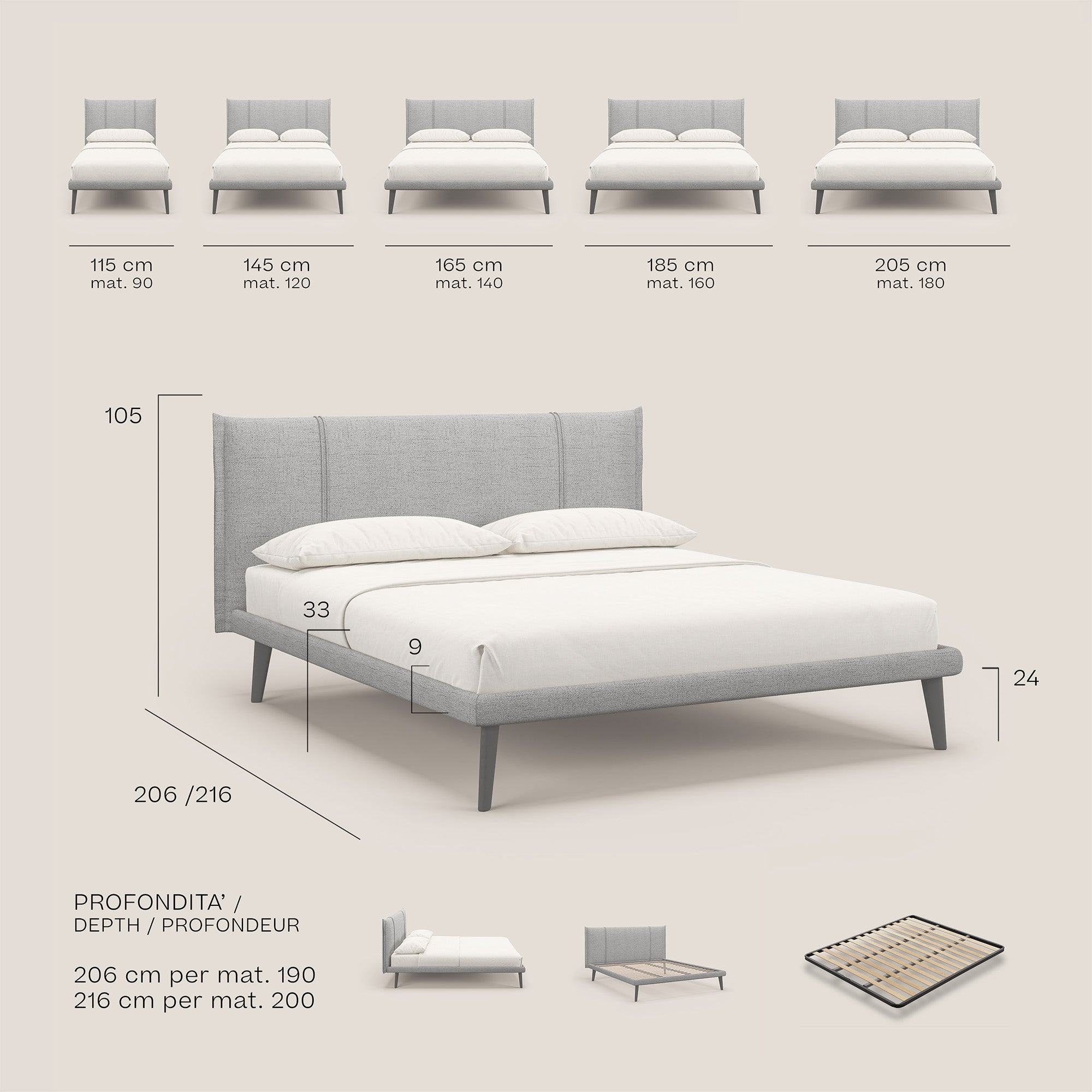 Klaus LETTO moderno con piedi in mogano e tessuto fiammato impermeabile T03 grigio chiaro - divani.store