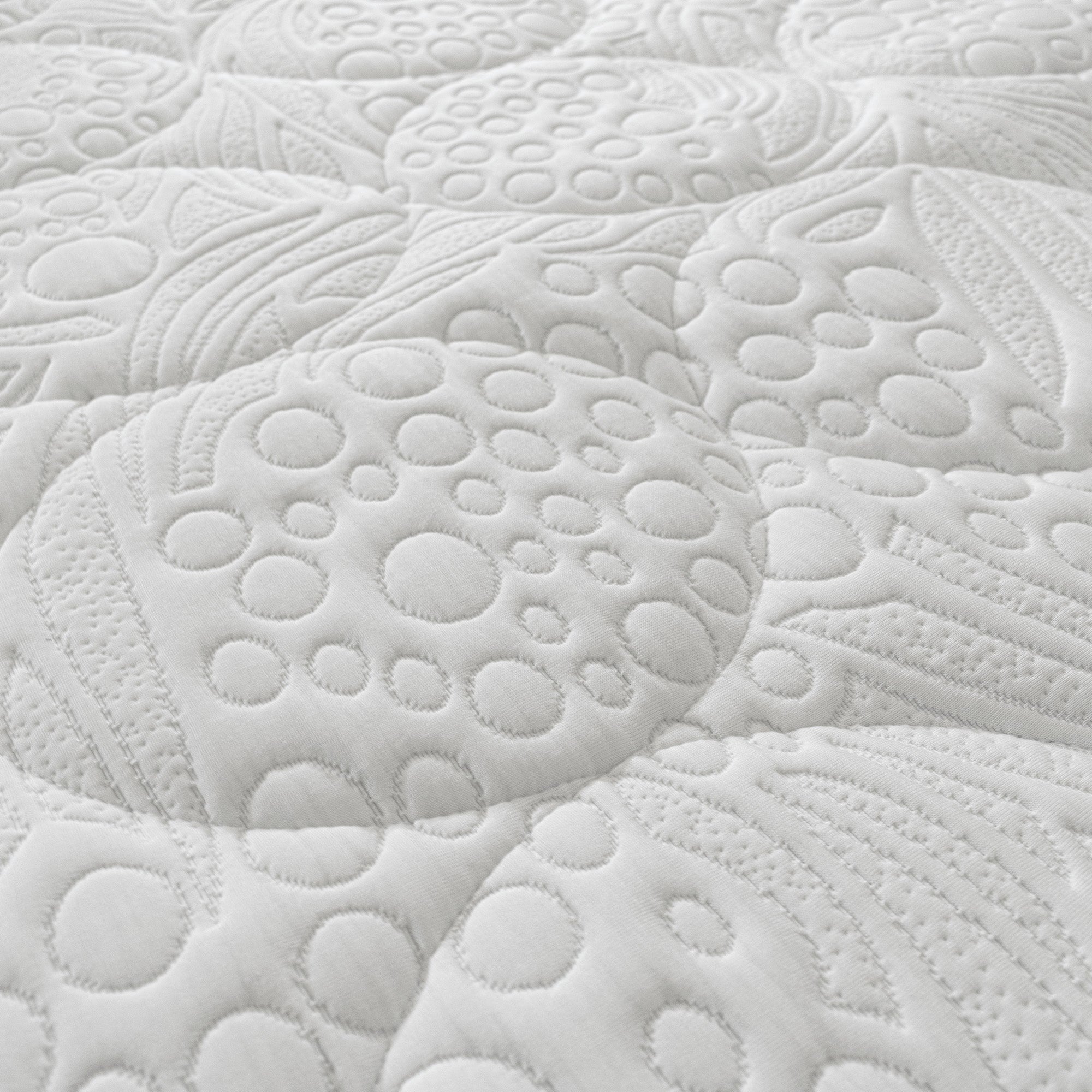 Primo piano del materasso KYROS di Divani.Store, caratterizzato da una superficie trapuntata bianca con cerchi sovrapposti, punti in rilievo e punti a spirale. Il memory foam potenziato e il supporto posturale a 7 zone offrono un aspetto strutturato, morbido e moderno.