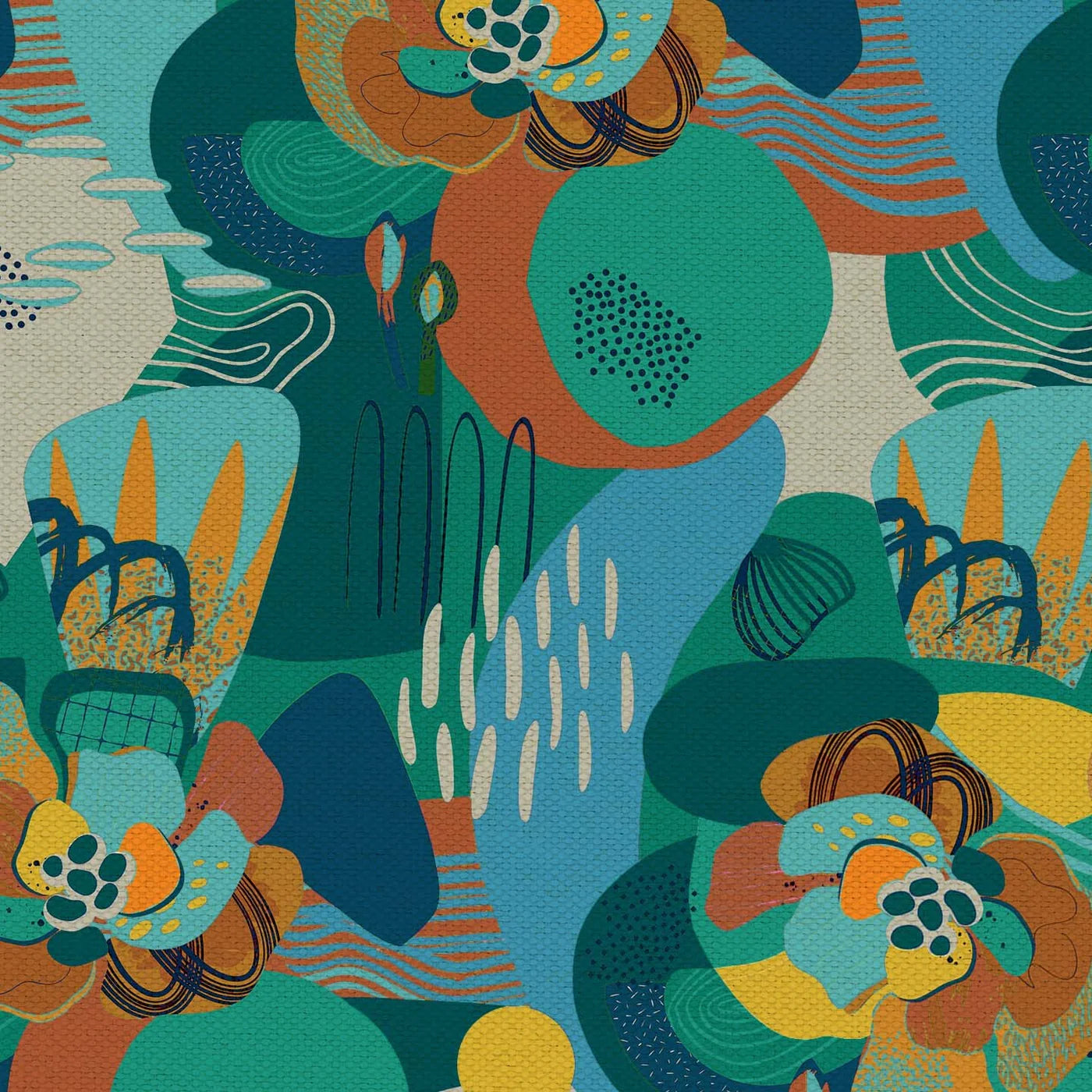 Illustrazione digitale astratta con grandi cerchi, forme organiche, fiori stilizzati, linee ondulate e puntini nei toni del verde acqua, blu, verde, arancione e giallo, che richiamano la vivace collezione di cuscini multicolori “Joy” di Divani.Store, realizzata in fresco cotone impermeabile.