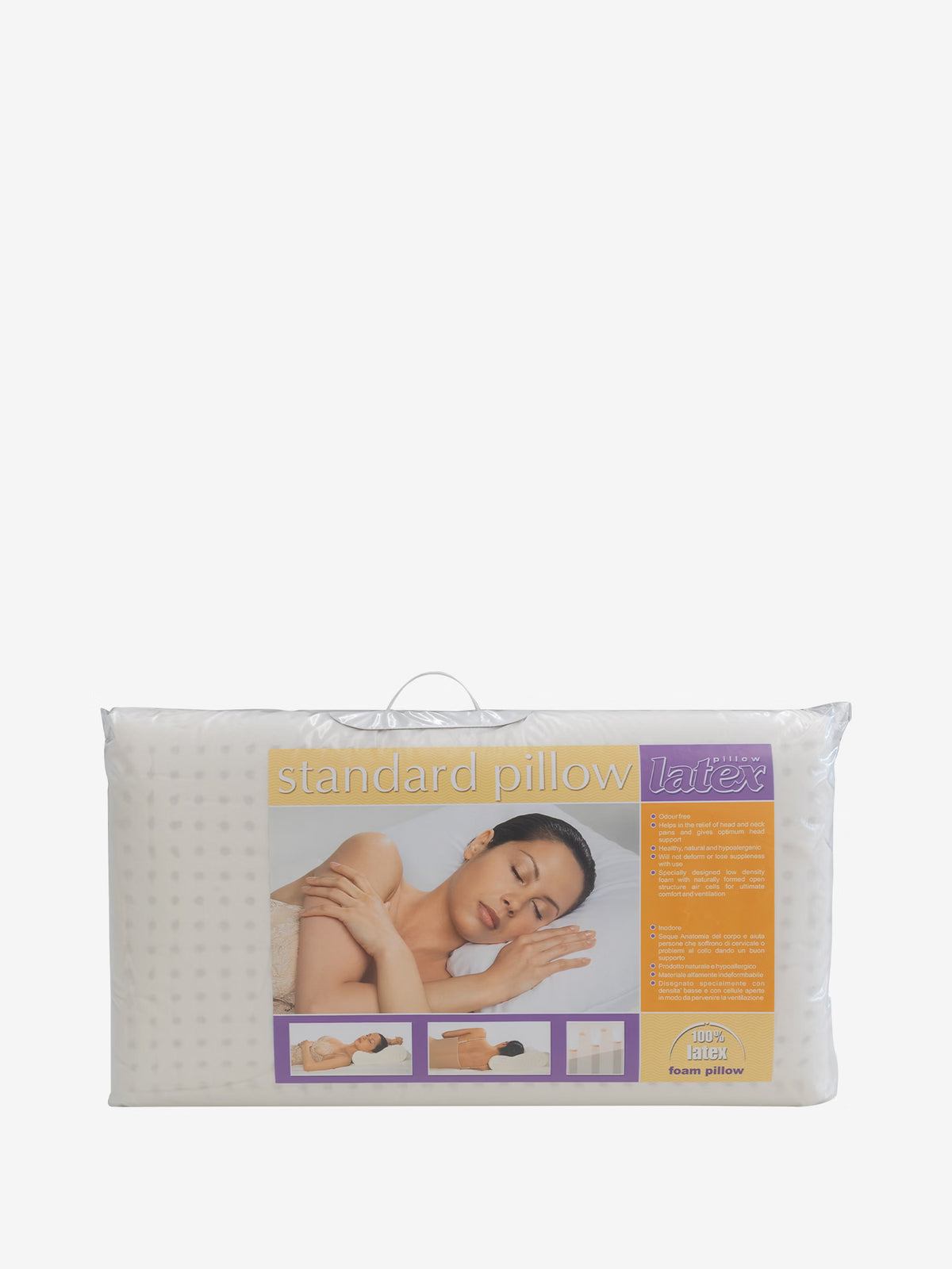 Una confezione di VELTHA-FLOW – Guanciale bio-adattivo in Lattice Alveolato 100% Naturale di Divani.Store, con un'etichetta che raffigura una donna che dorme su un fianco. L’etichetta riporta i dettagli del prodotto, piccole immagini che illustrano diverse posizioni di riposo ed evidenzia la dicitura “100% lattice puro” su uno sfondo arancione e viola. Questo cuscino traspirante è progettato per offrire un sostegno ergonomico e garantire un sonno ristoratore.