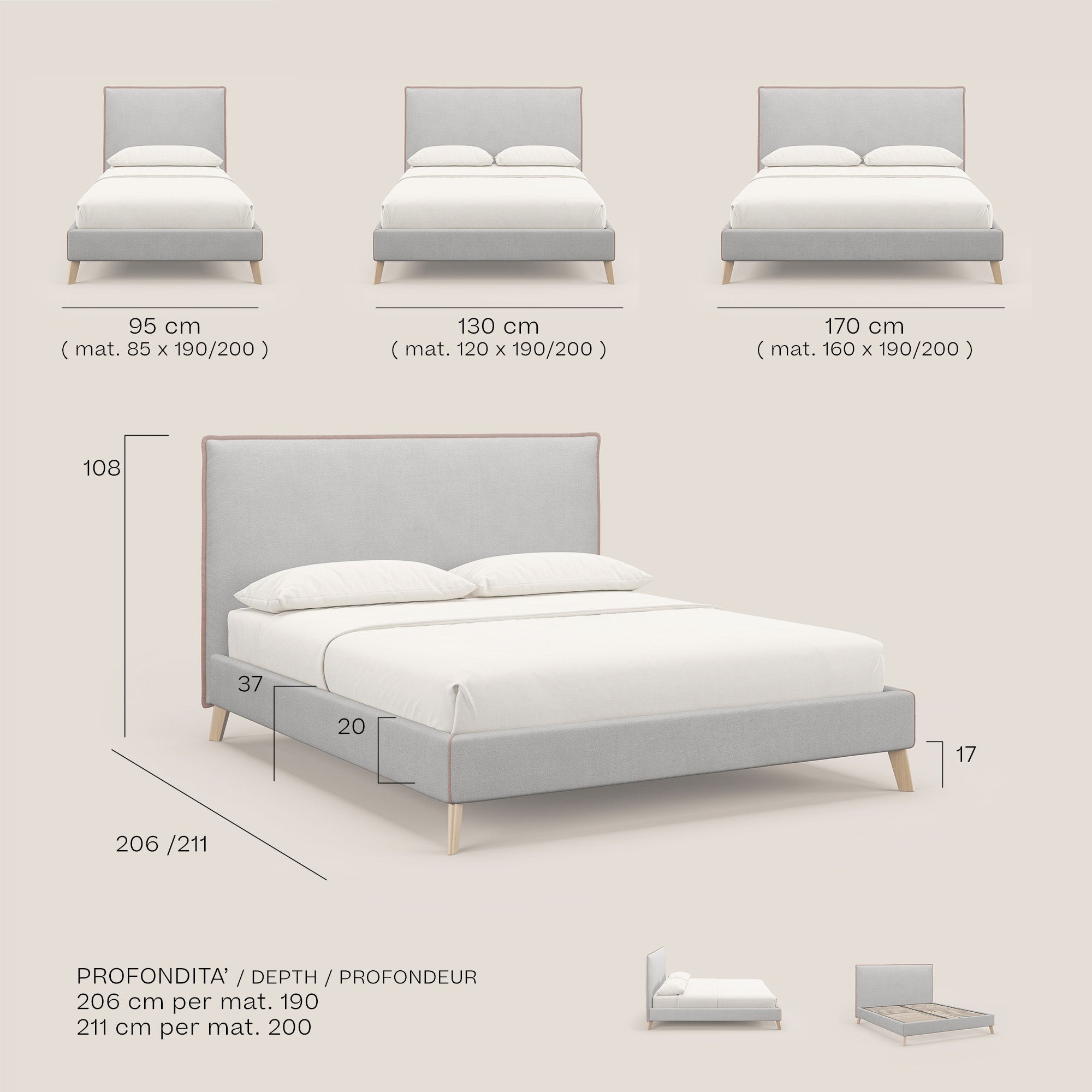 Leila letto imbottito con piedini legno in tessuto smacchiabile T17 rosa - rosso - divani.store