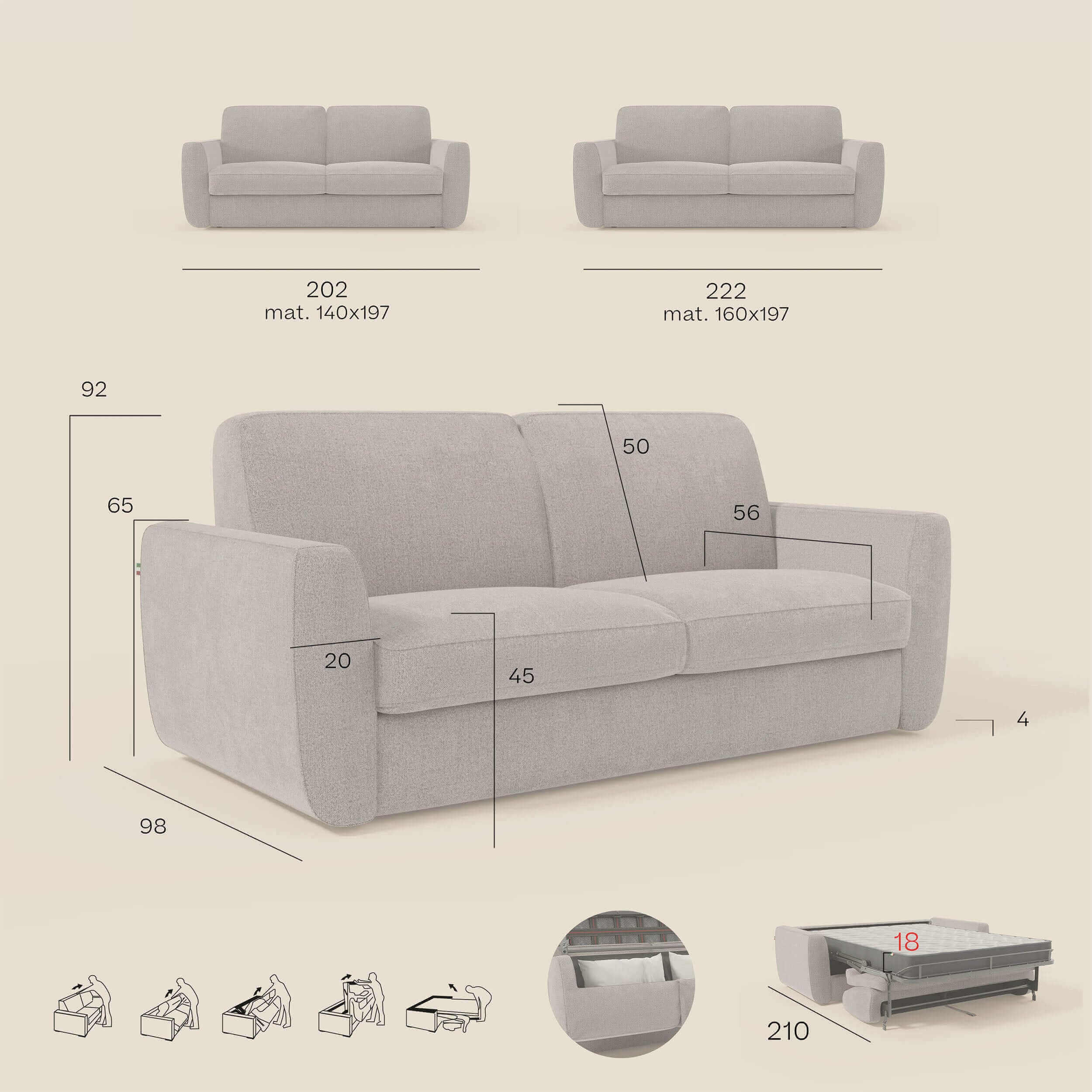 Leonida Abziehbares Schlafsofa mit Matratze H18 cm und Kissenfach aus abwaschbarem Stoff T23 creme