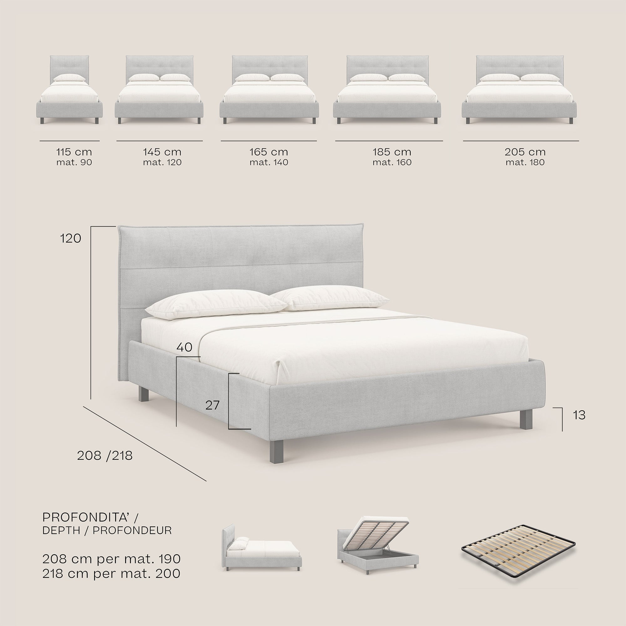 Liam letto contenitore con testata trapuntata in tessuto smacchiabile T17 panna - divani.store