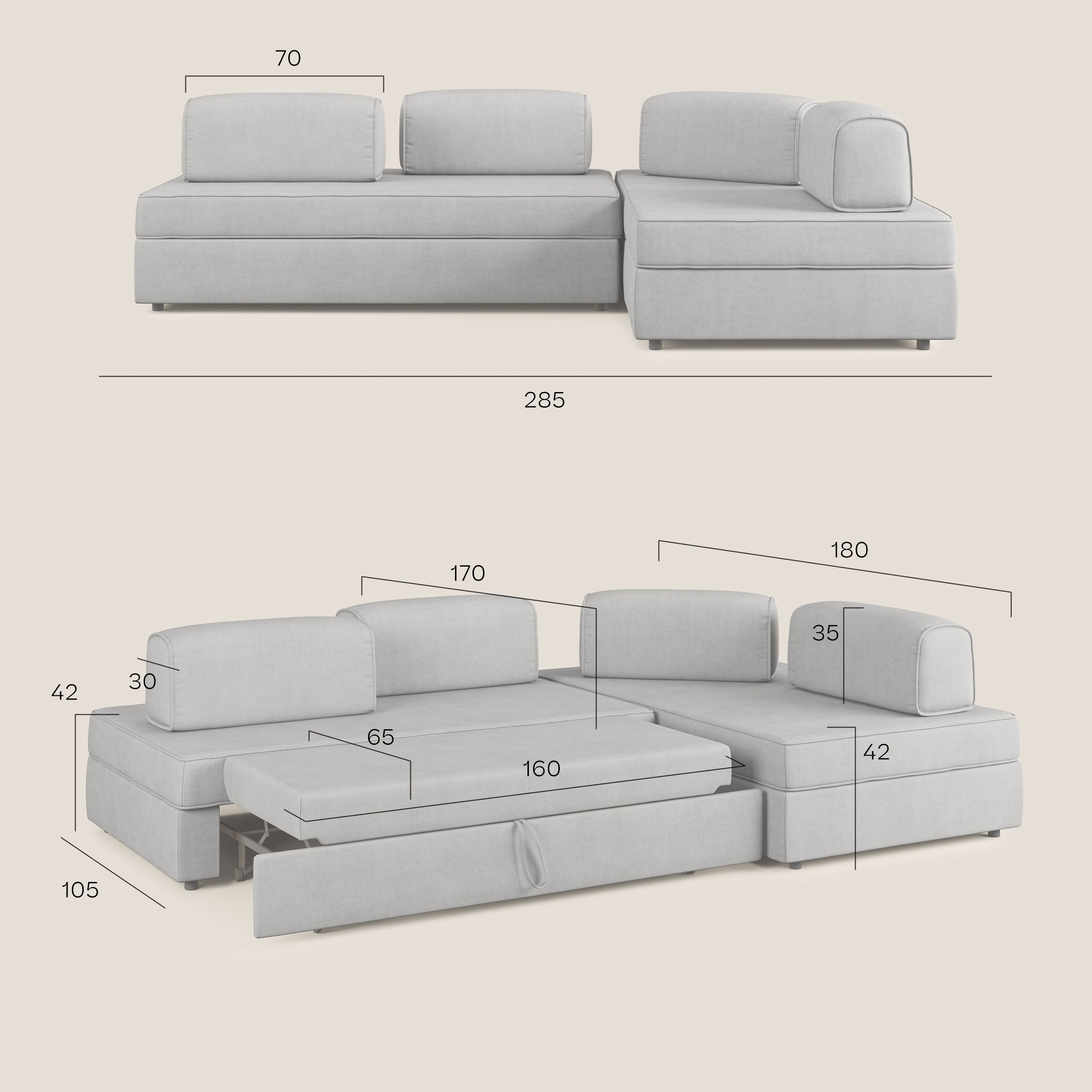 Liberty divano angolare con pouf estraibile e schienali movibili in tessuto morbido impermeabile T02 beige - divani.store