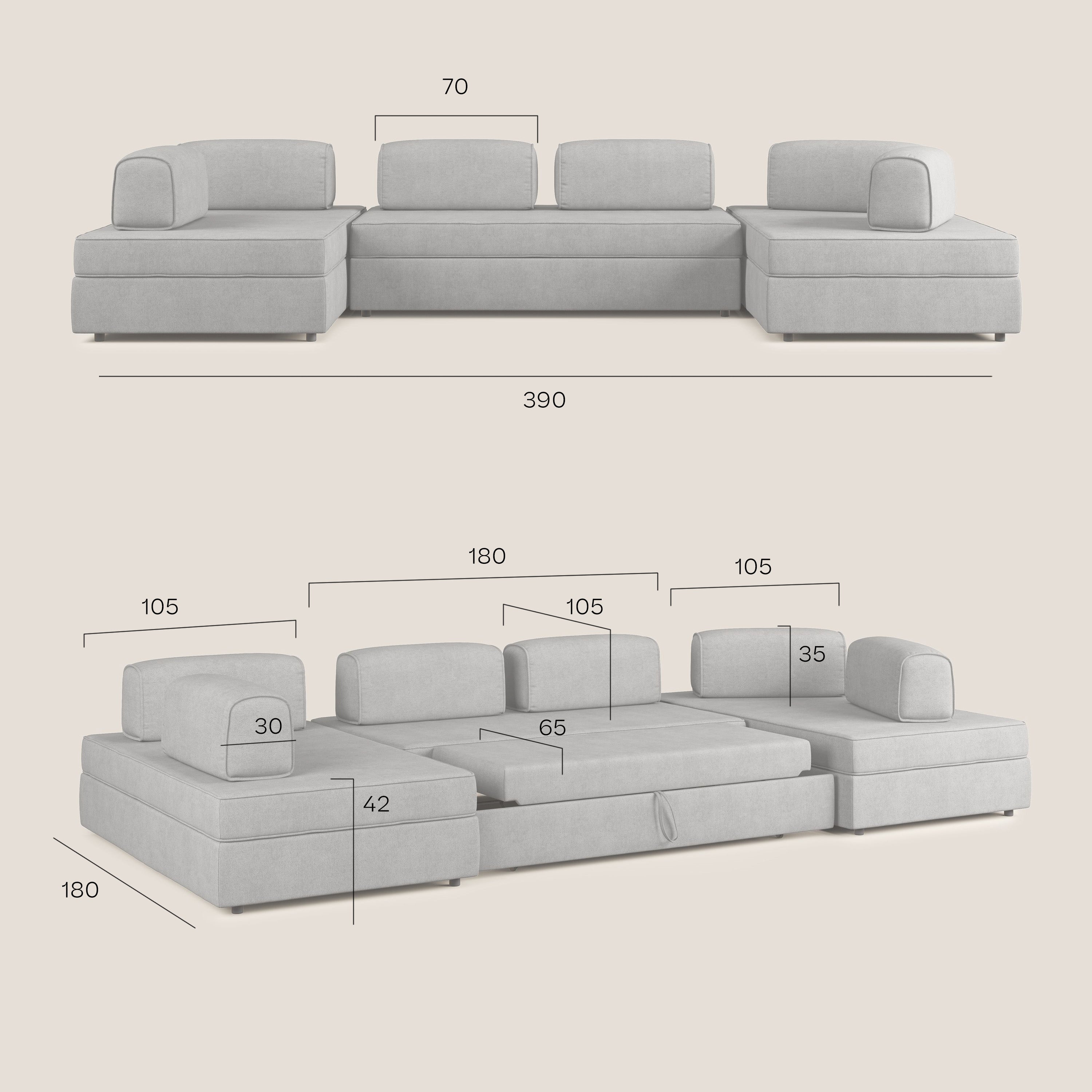 Liberty divano panoramico con pouf estraibile e schienali movibili in tessuto morbido impermeabile T02 grigio chiaro - divani.store