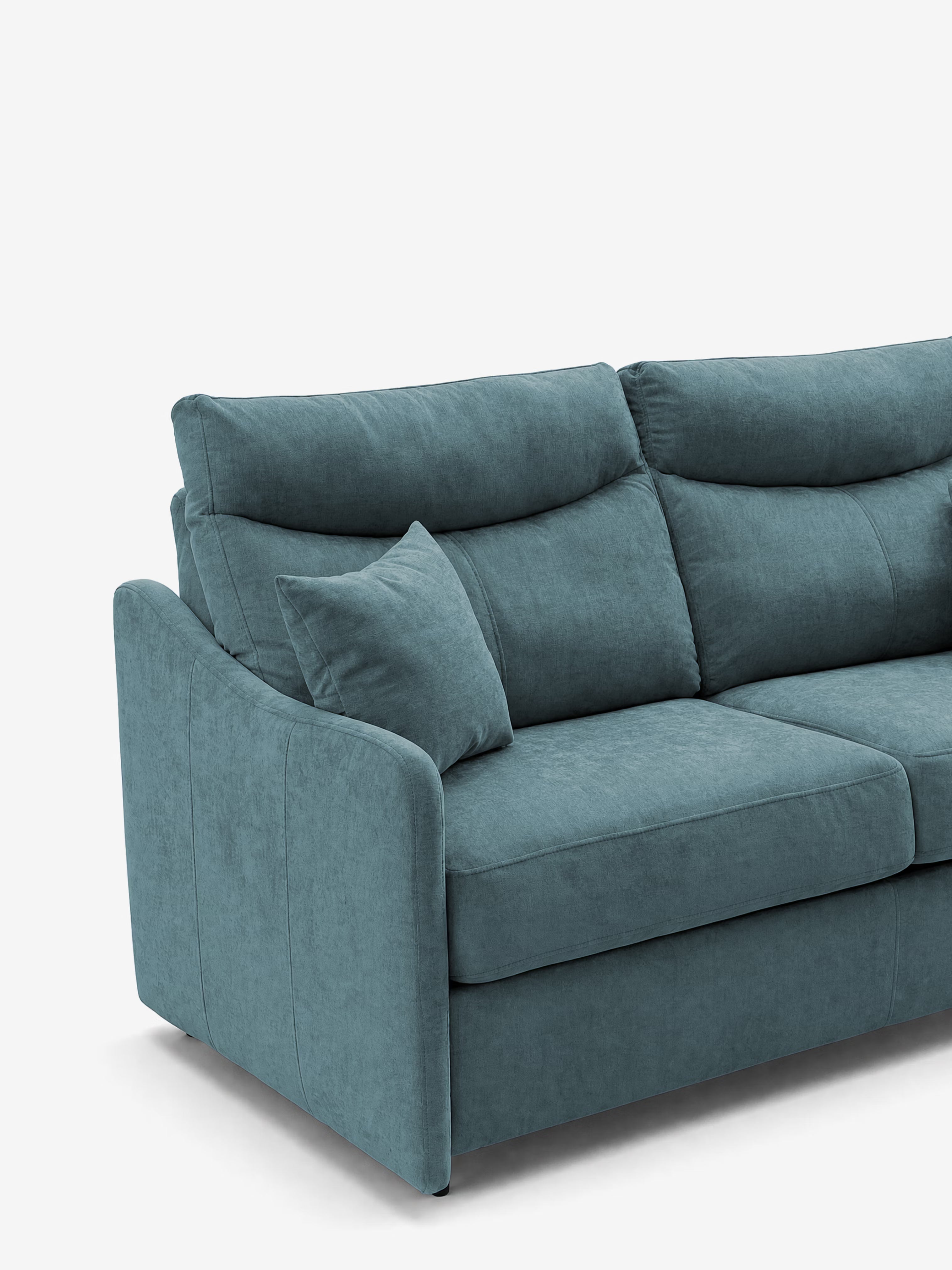 Il divano letto a 3 posti Lodovico di Divani.Store, in stile contemporaneo, rivestito in un moderno color verde acqua, presenta un'imbottitura morbida, un cuscino coordinato e un bracciolo sul lato sinistro. Il suo design essenziale risalta su uno sfondo bianco a tinta unita, che ne rivela solo la sezione sinistra e parte della seduta centrale. Il divano è dotato di un materasso alto 20 cm ed è realizzato in tessuto antimacchia certificato Oeko-Tex.