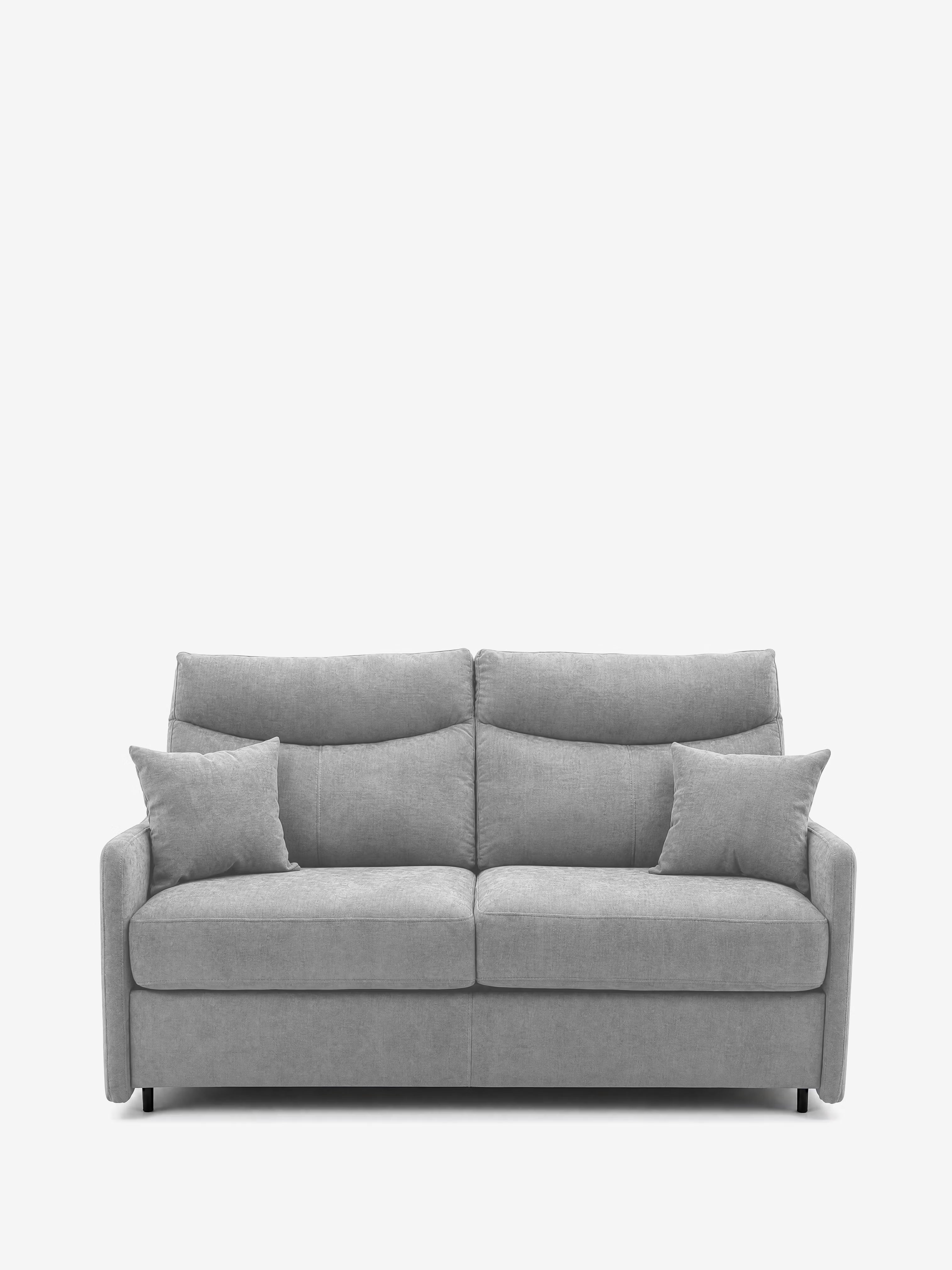 Un divano letto Lodovico a tre posti, moderno e di colore grigio chiaro, di Divani.Store, dotato di un materasso ALTO da 20 cm e di due cuscini quadrati abbinati. Il divano è rivestito in tessuto certificato Oeko-Tex, resistente alle macchie, dalla trama morbida, con linee pulite e uno schienale dritto: perfetto per creare un salotto elegante. L’immagine è riproposta su uno sfondo bianco a tinta unita.