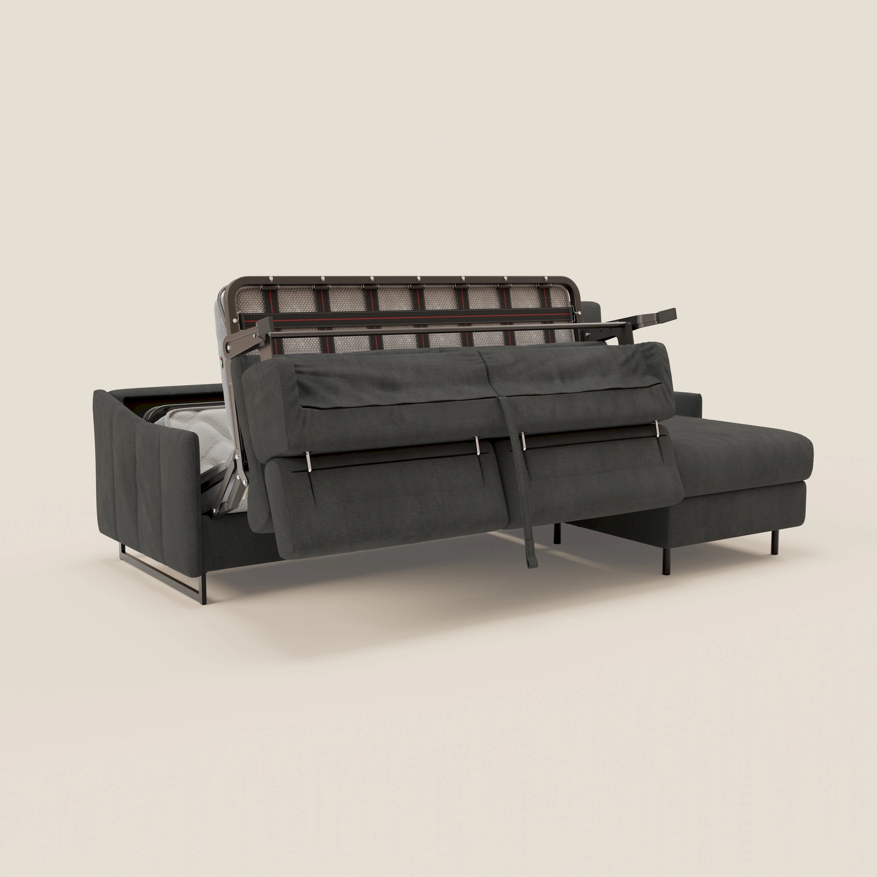 Loto Divano Letto Angolare con Penisola contenitore, Poggiatesta, Materasso Alto H18 in morbido tessuto impermeabile T14 - divani.store