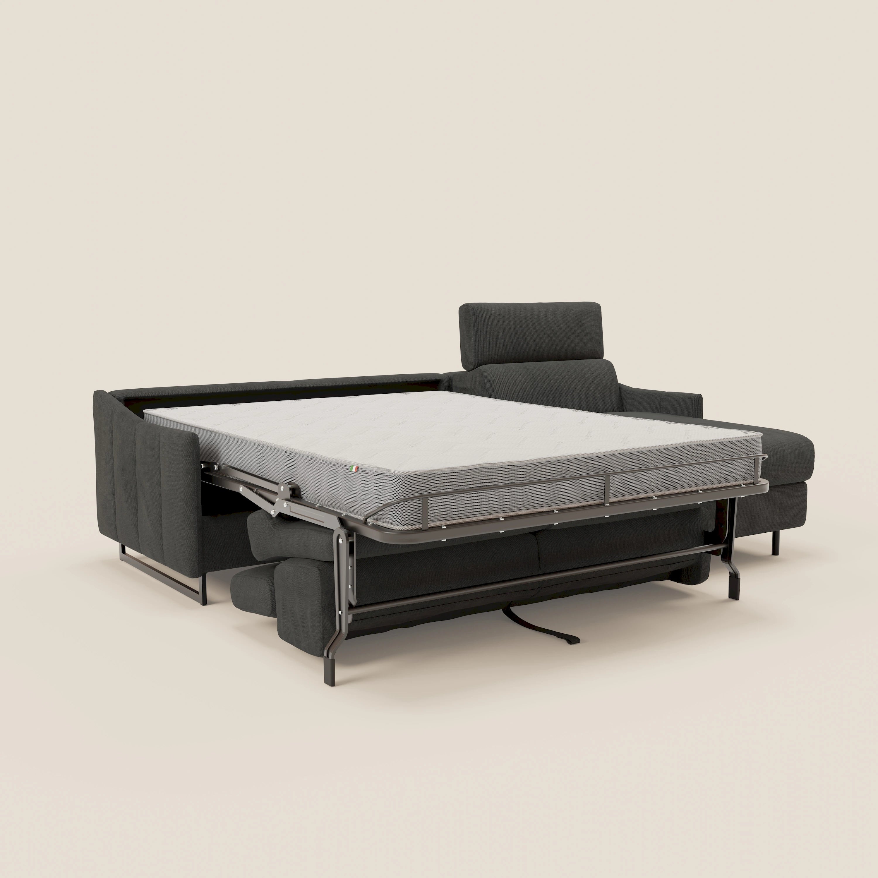 Loto Divano Letto Angolare con Penisola contenitore, Poggiatesta, Materasso Alto H18 in morbido tessuto impermeabile T14 - divani.store