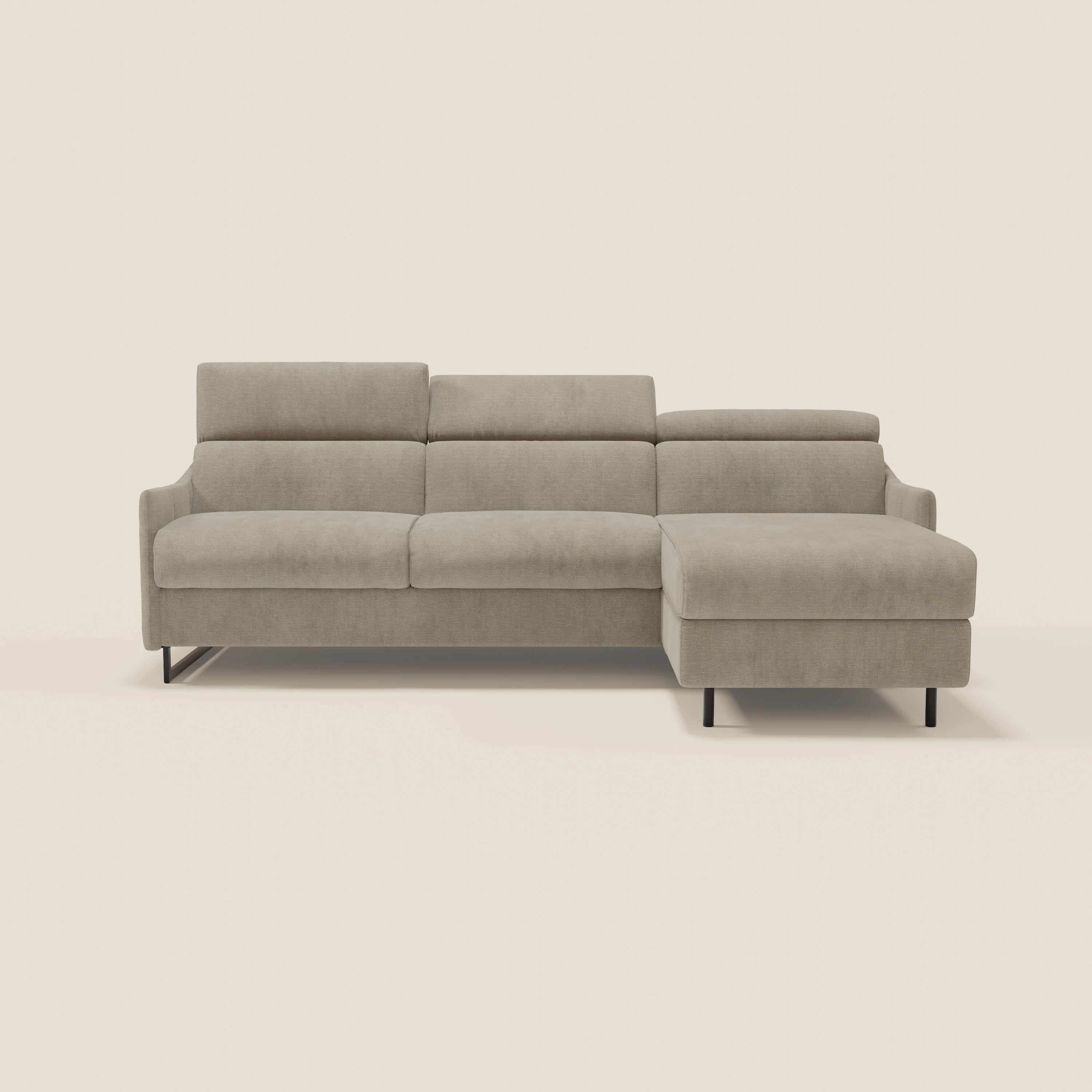 Loto Divano Letto Angolare con Penisola contenitore, Poggiatesta, Materasso Alto H18 in morbido tessuto impermeabile T14 - divani.store