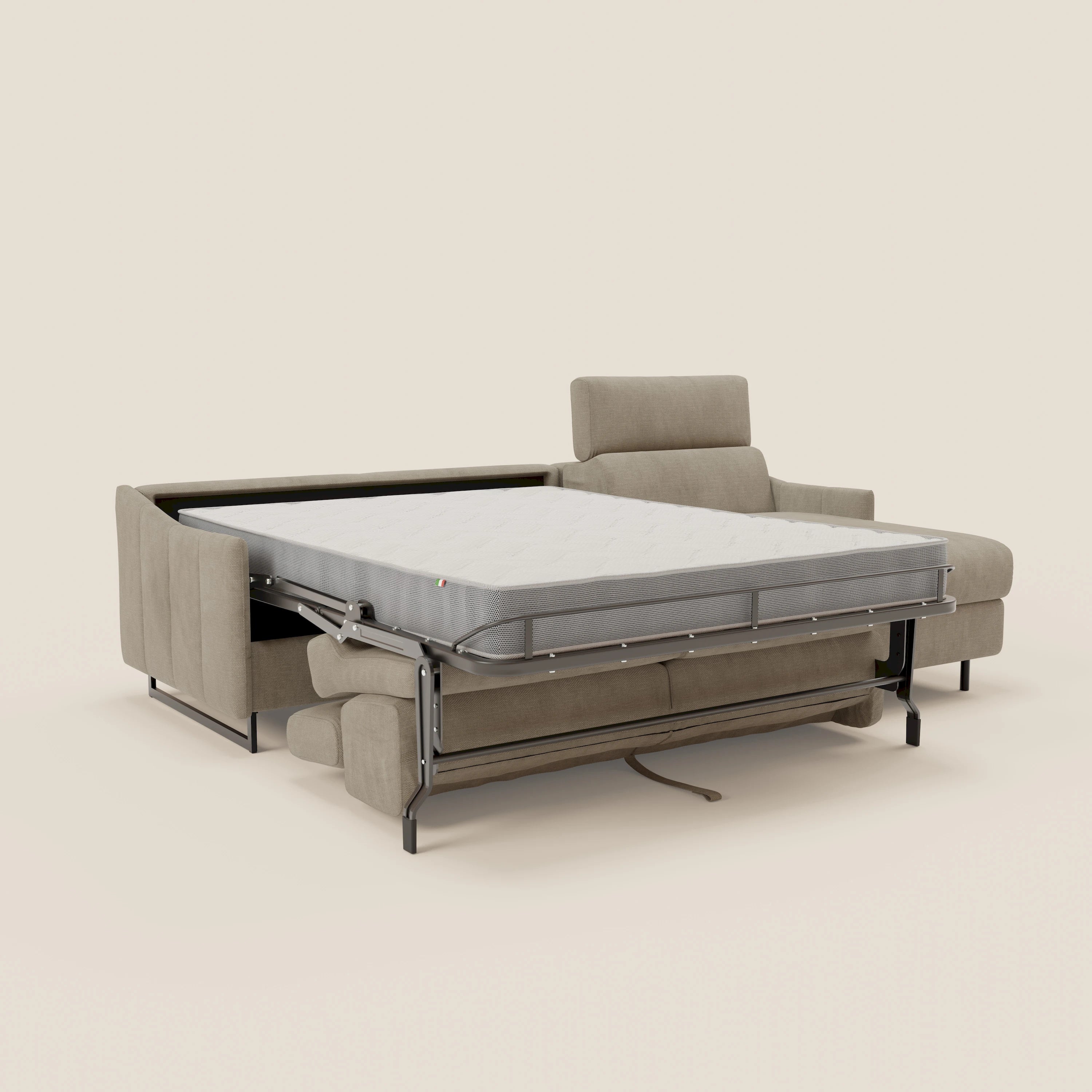 Loto Divano Letto Angolare con Penisola contenitore, Poggiatesta, Materasso Alto H18 in morbido tessuto impermeabile T14 - divani.store