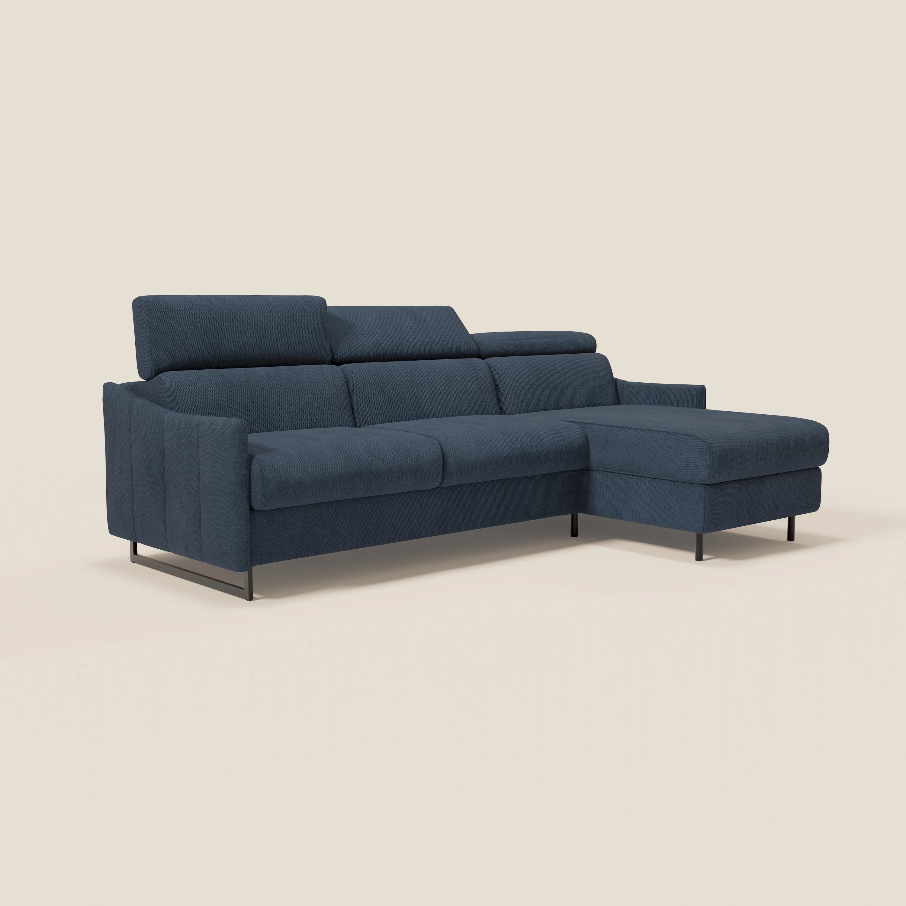 Loto Divano Letto Angolare con Penisola contenitore, Poggiatesta, Materasso Alto H18 in morbido tessuto impermeabile T14 - divani.store