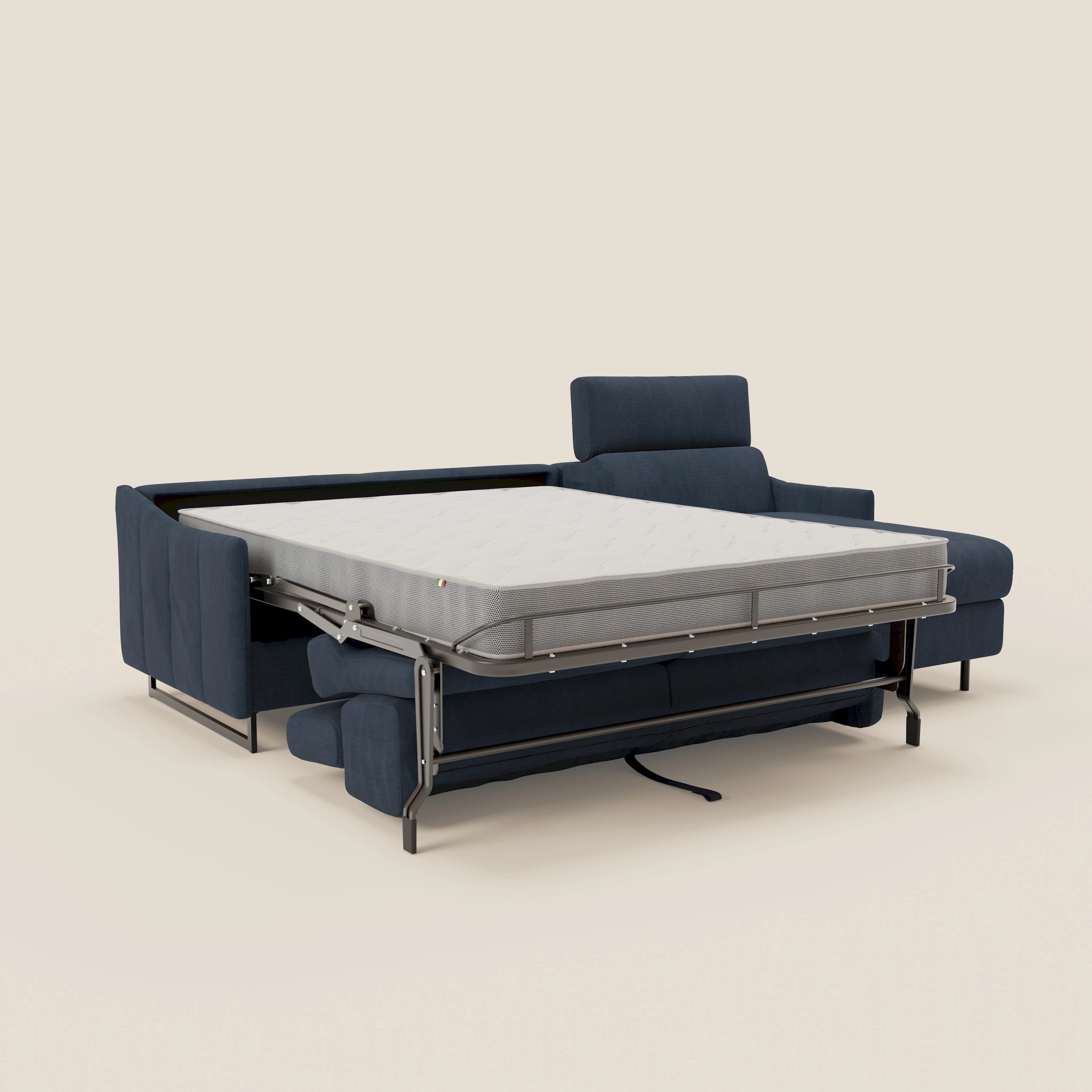 Loto Divano Letto Angolare con Penisola contenitore, Poggiatesta, Materasso Alto H18 in morbido tessuto impermeabile T14 - divani.store