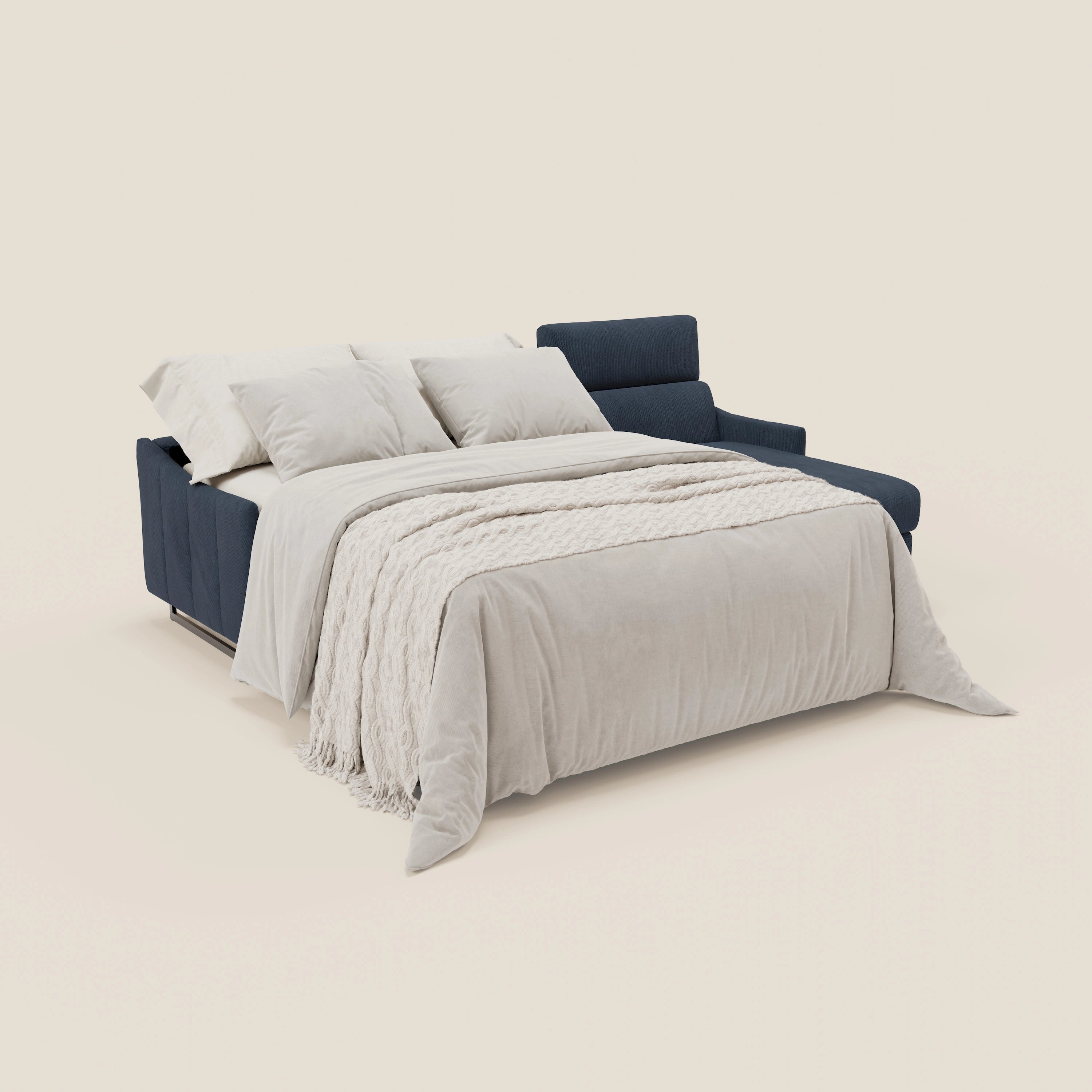 Loto Divano Letto Angolare con Penisola contenitore, Poggiatesta, Materasso Alto H18 in morbido tessuto impermeabile T14 - divani.store