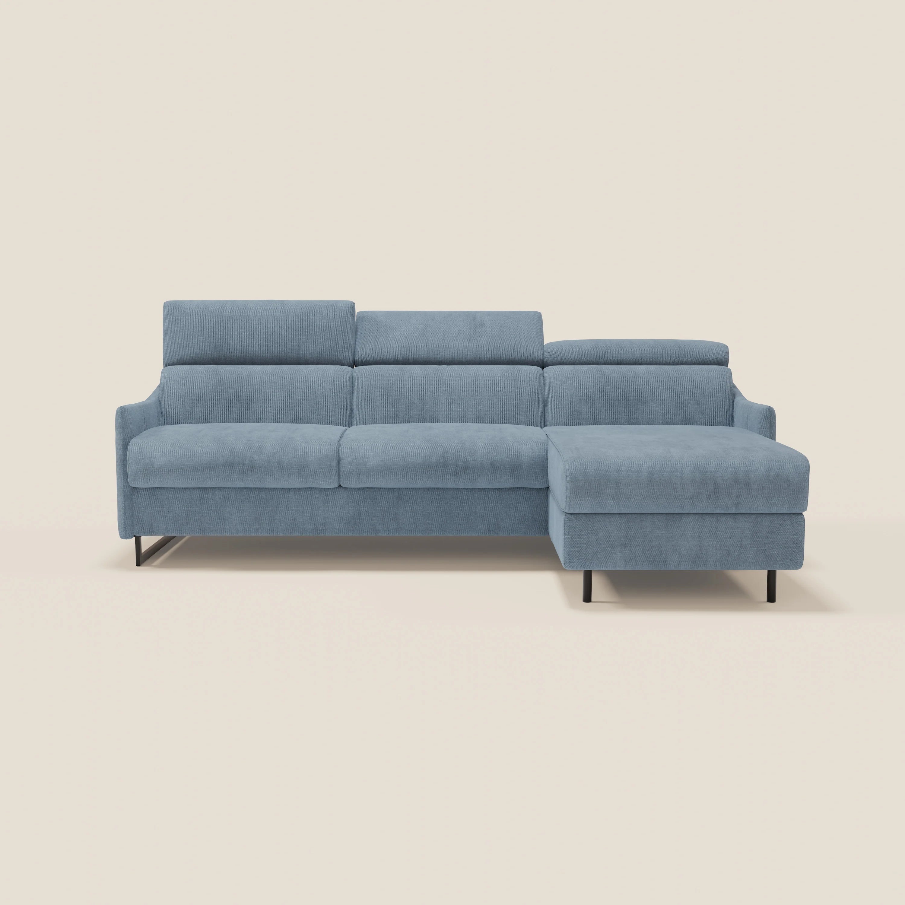 Loto Divano Letto Angolare con Penisola contenitore, Poggiatesta, Materasso Alto H18 in morbido tessuto impermeabile T14 - divani.store