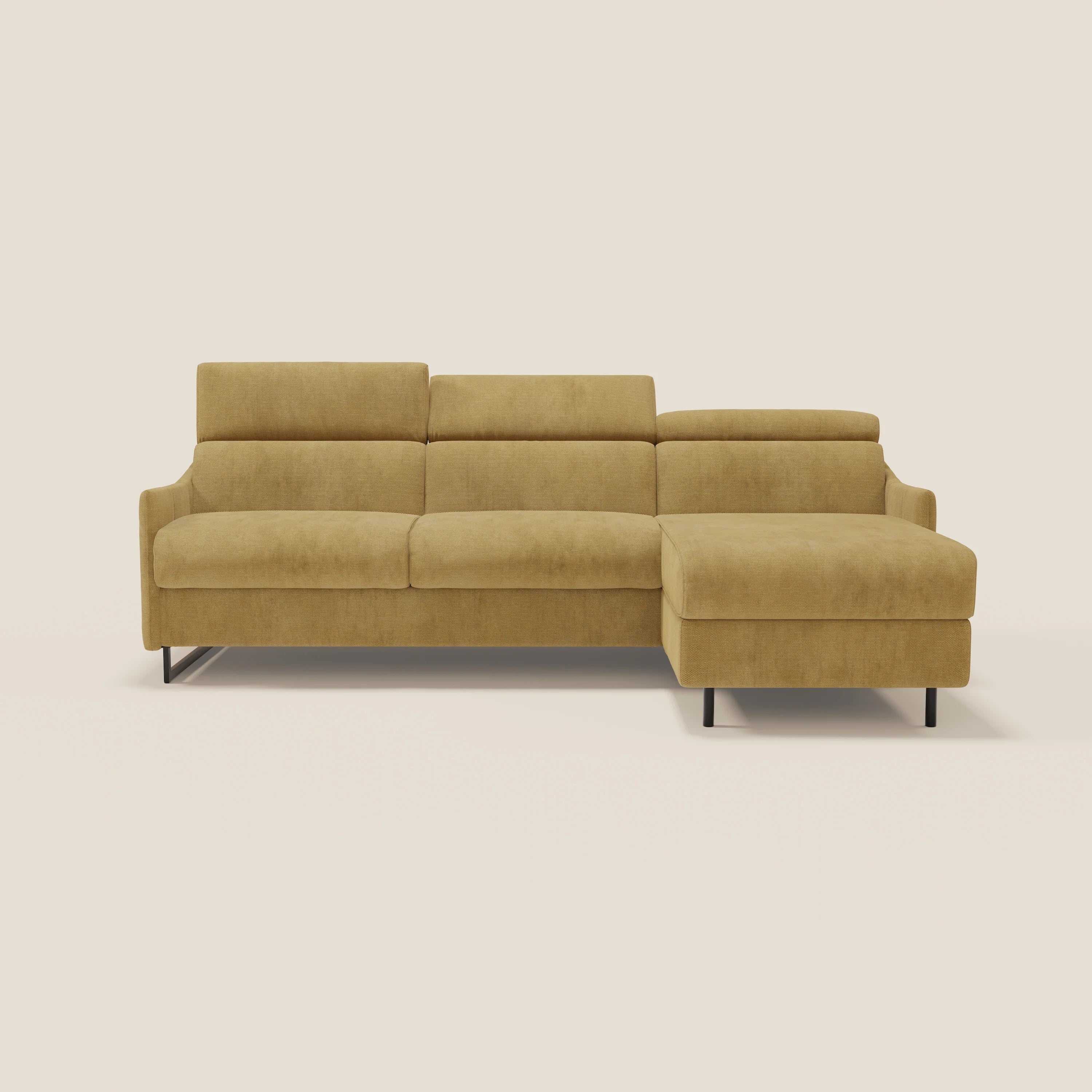 Loto Divano Letto Angolare con Penisola contenitore, Poggiatesta, Materasso Alto H18 in morbido tessuto impermeabile T14 - divani.store