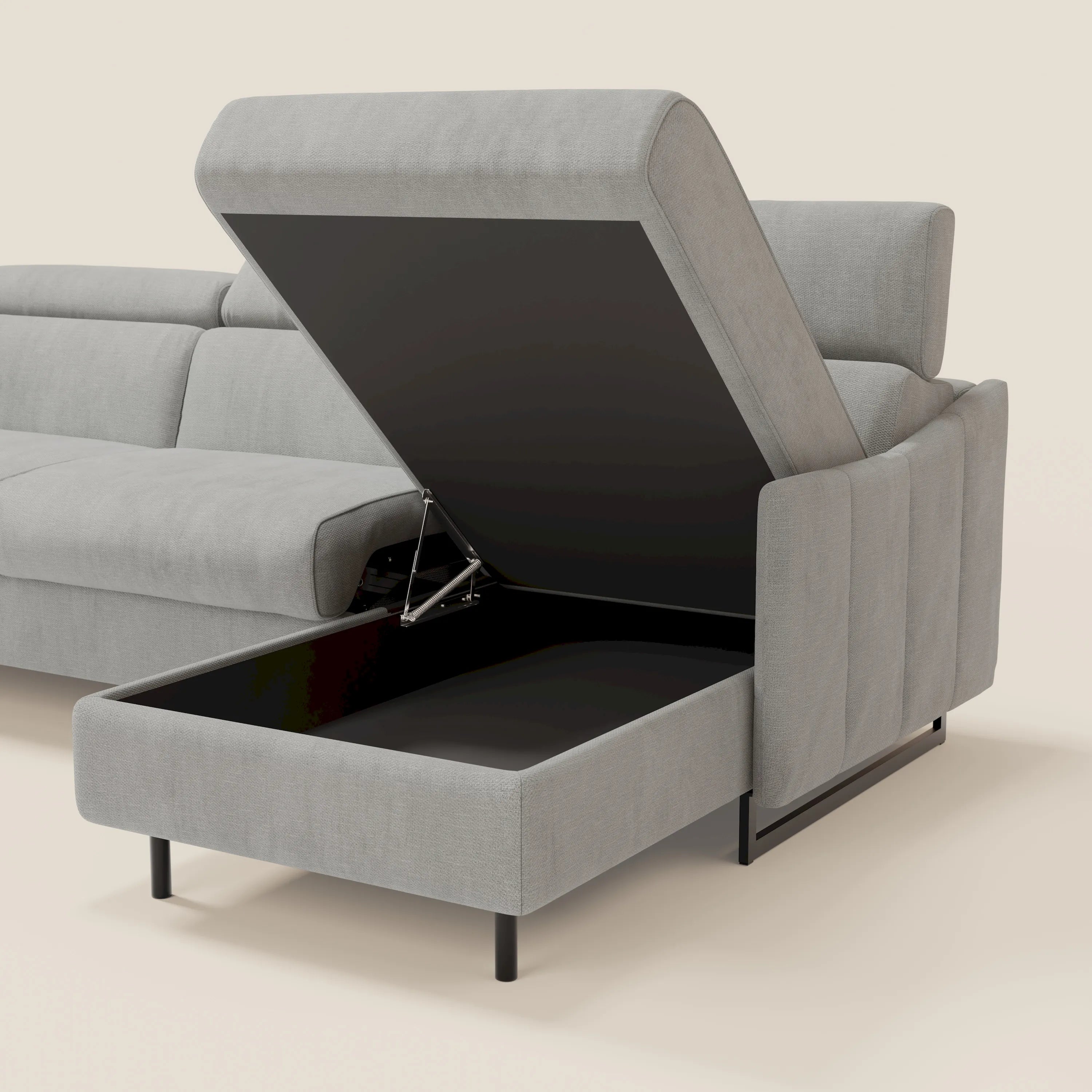 Loto Divano Letto Angolare con Penisola contenitore, Poggiatesta, Materasso Alto H18 in morbido tessuto impermeabile T14 - divani.store