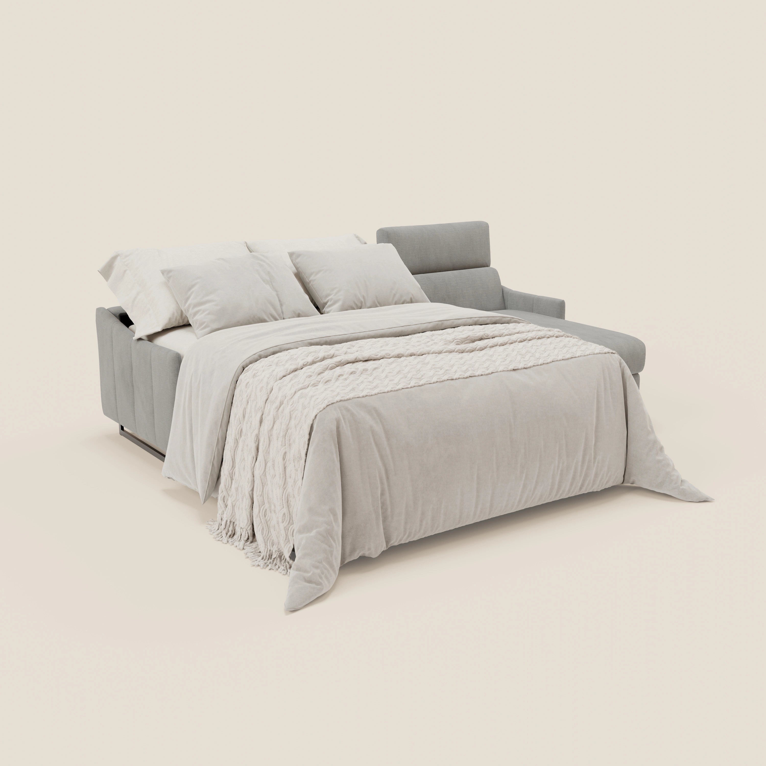 Loto Divano Letto Angolare con Penisola contenitore, Poggiatesta, Materasso Alto H18 in morbido tessuto impermeabile T14 - divani.store