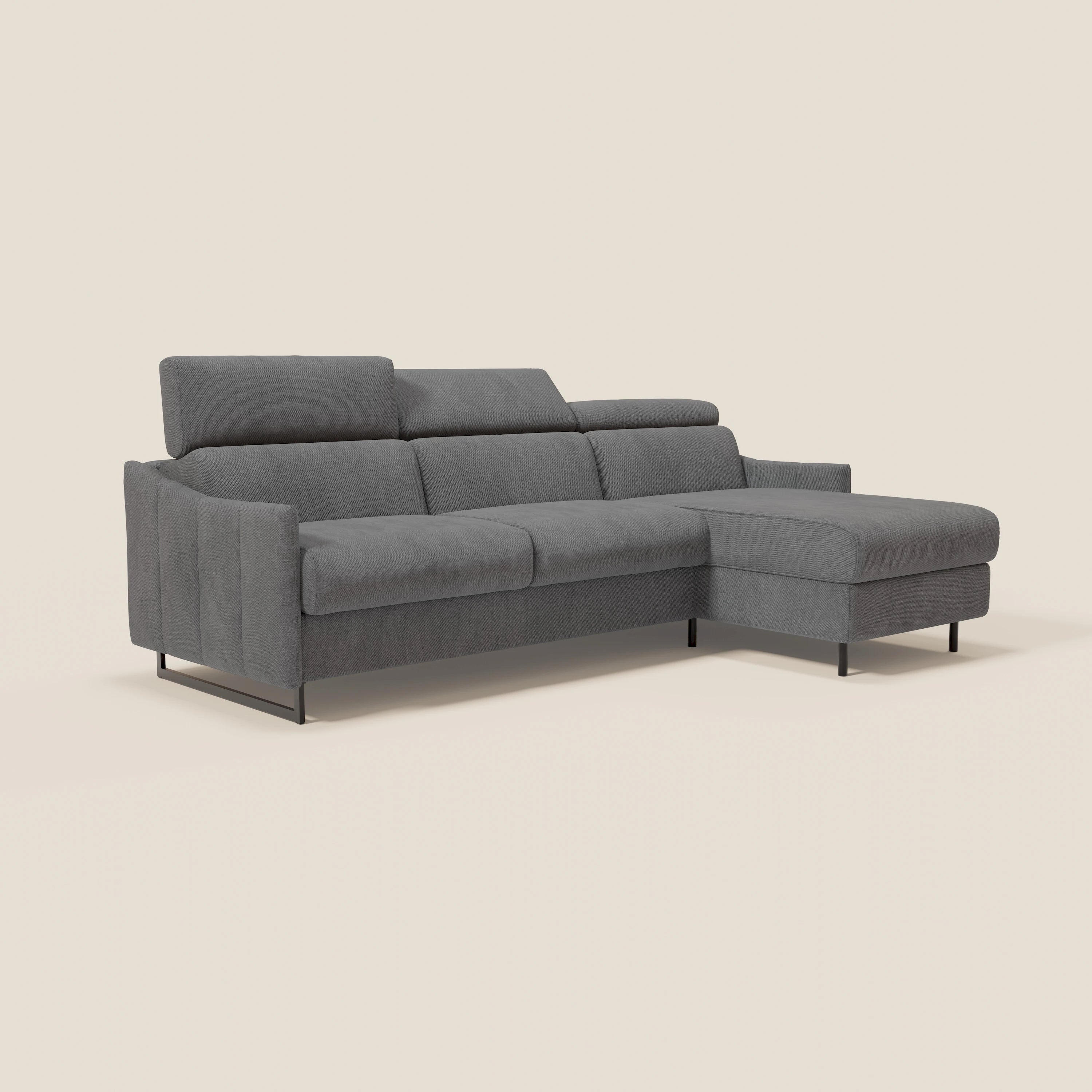 Loto Divano Letto Angolare con Penisola contenitore, Poggiatesta, Materasso Alto H18 in morbido tessuto impermeabile T14 - divani.store