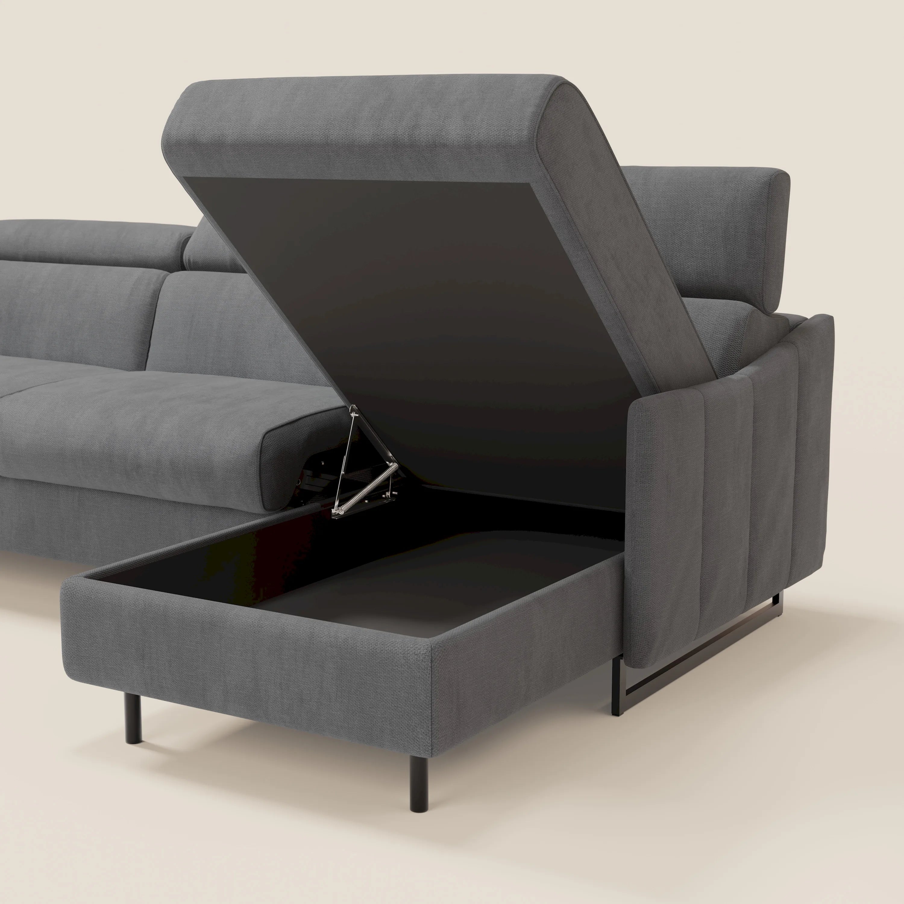 Loto Divano Letto Angolare con Penisola contenitore, Poggiatesta, Materasso Alto H18 in morbido tessuto impermeabile T14 - divani.store