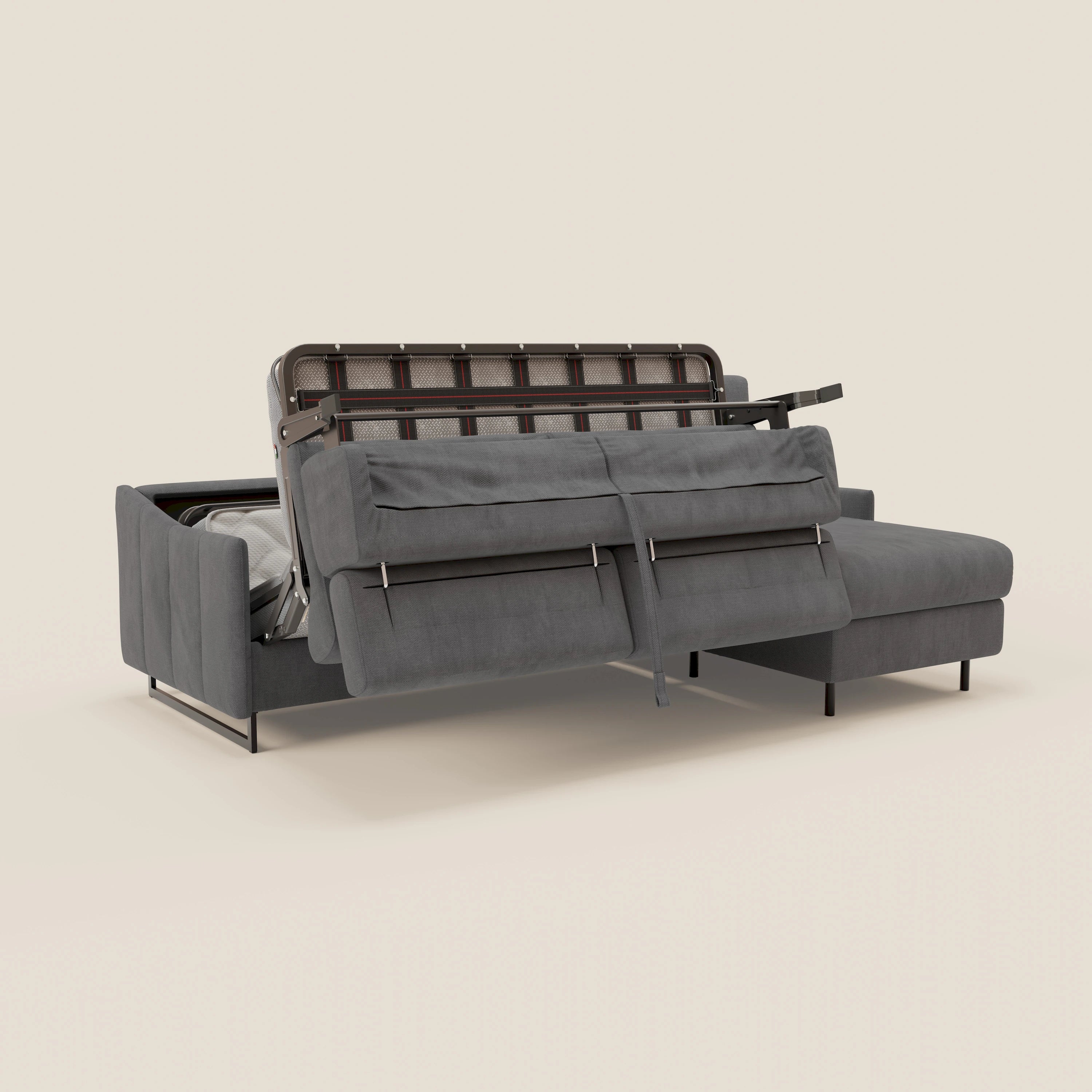 Loto Divano Letto Angolare con Penisola contenitore, Poggiatesta, Materasso Alto H18 in morbido tessuto impermeabile T14 - divani.store