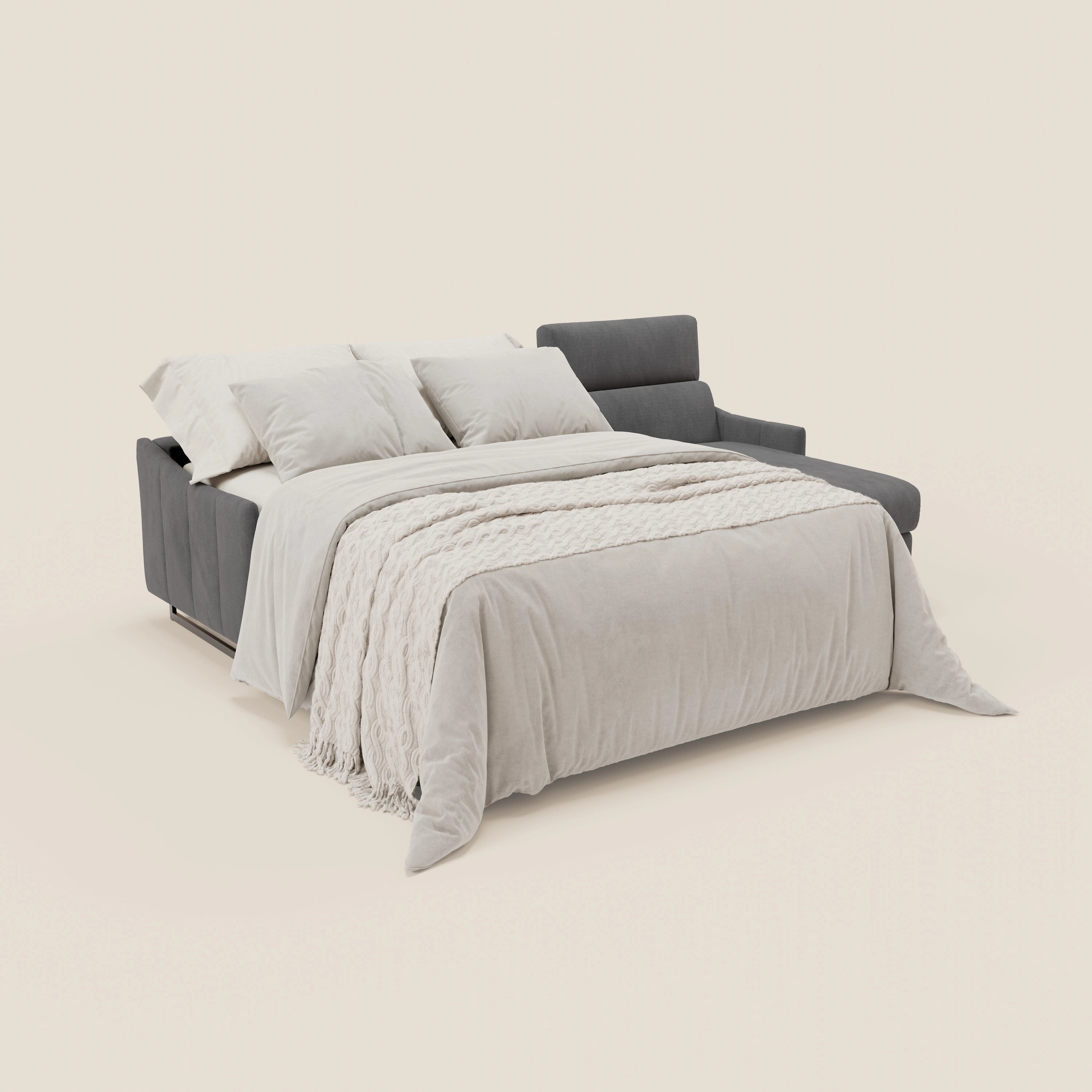 Loto Divano Letto Angolare con Penisola contenitore, Poggiatesta, Materasso Alto H18 in morbido tessuto impermeabile T14 - divani.store