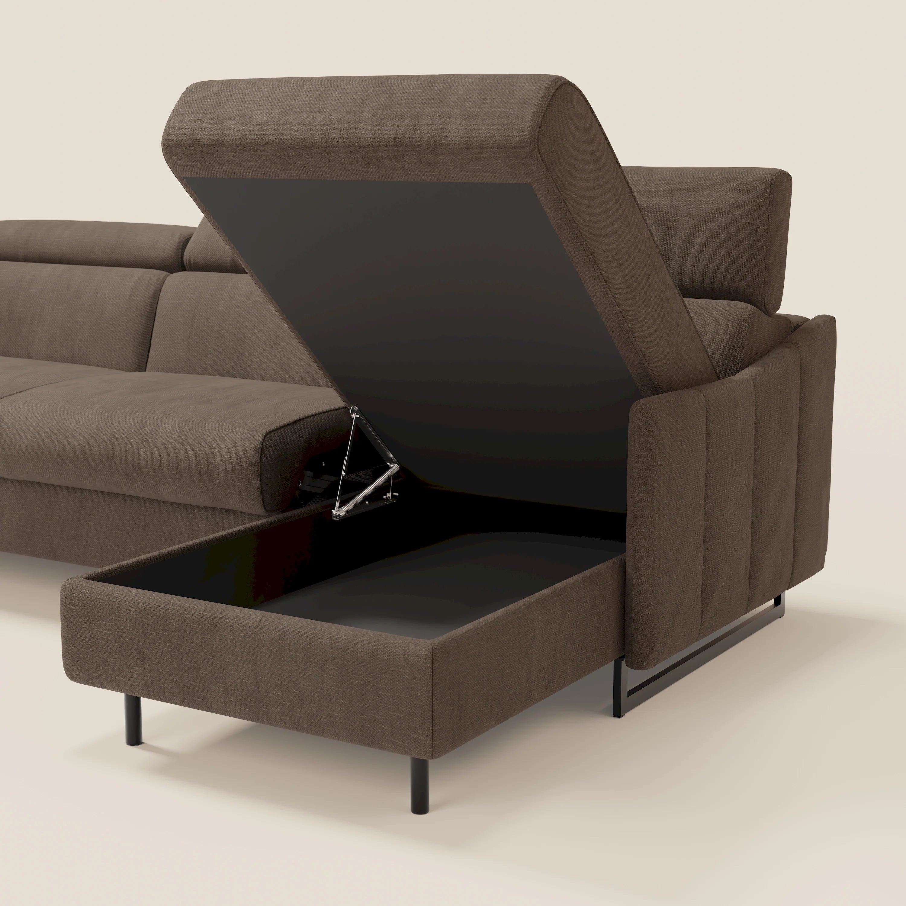 Loto Divano Letto Angolare con Penisola contenitore, Poggiatesta, Materasso Alto H18 in morbido tessuto impermeabile T14 - divani.store