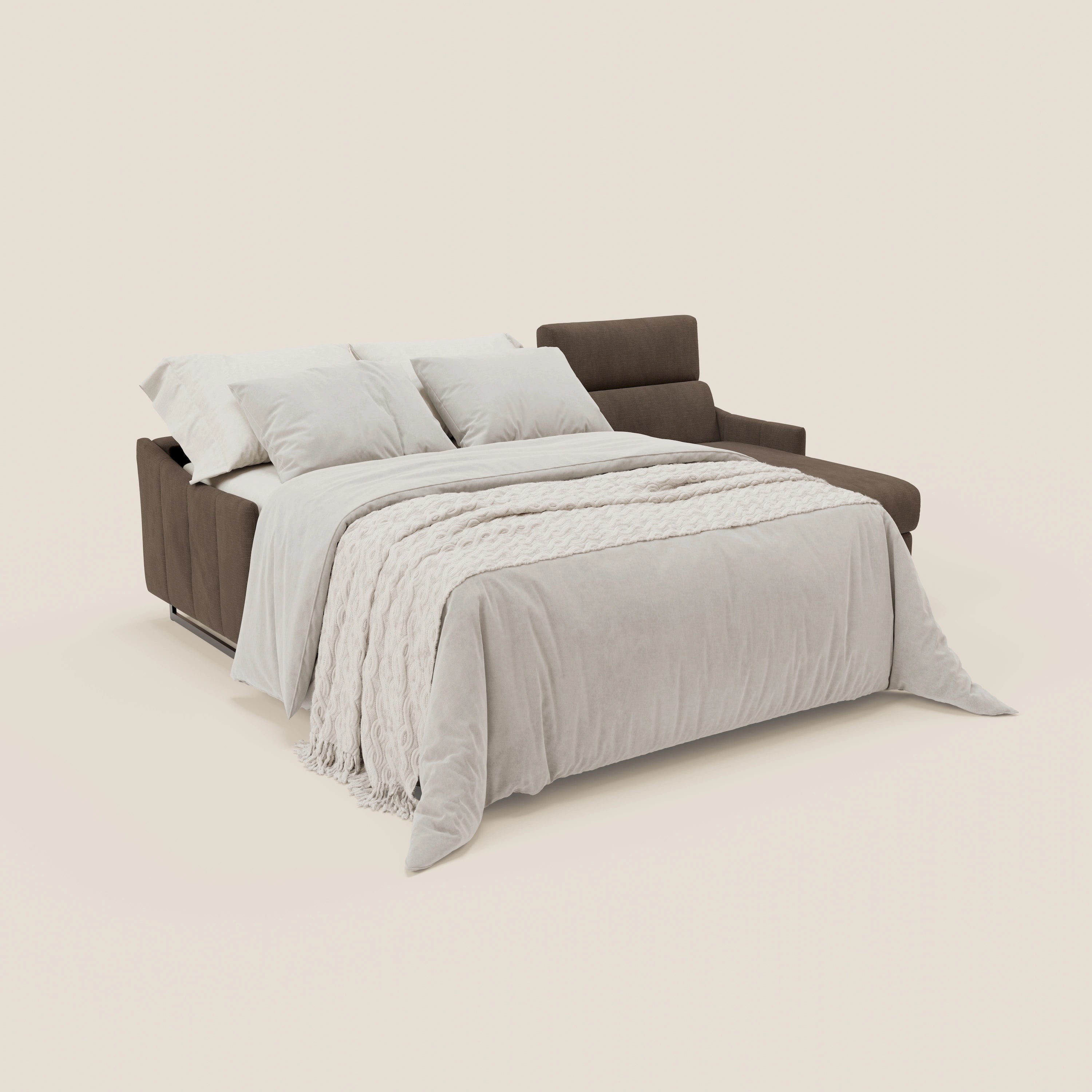 Loto Divano Letto Angolare con Penisola contenitore, Poggiatesta, Materasso Alto H18 in morbido tessuto impermeabile T14 - divani.store