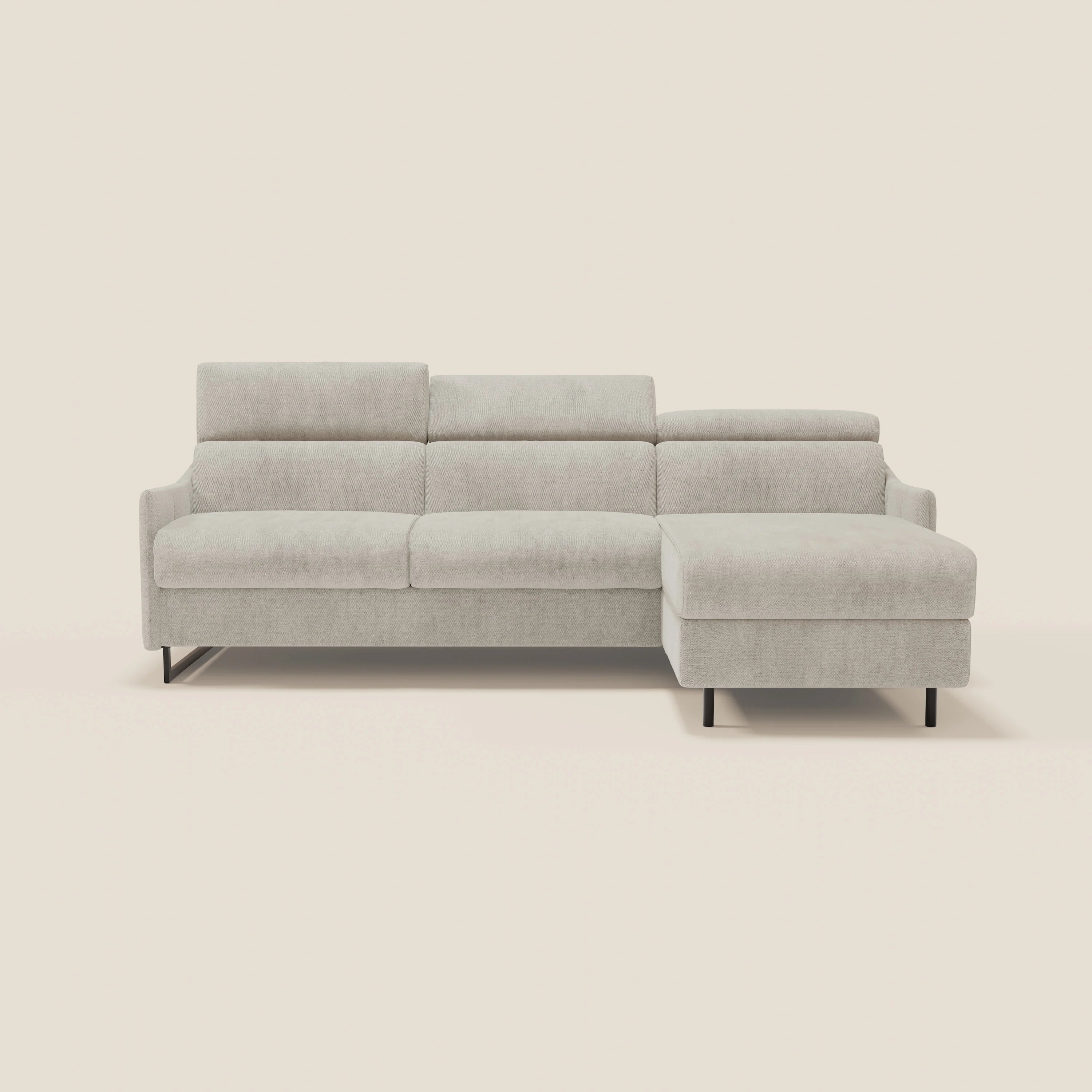 Loto Divano Letto Angolare con Penisola contenitore, Poggiatesta, Materasso Alto H18 in morbido tessuto impermeabile T14 - divani.store