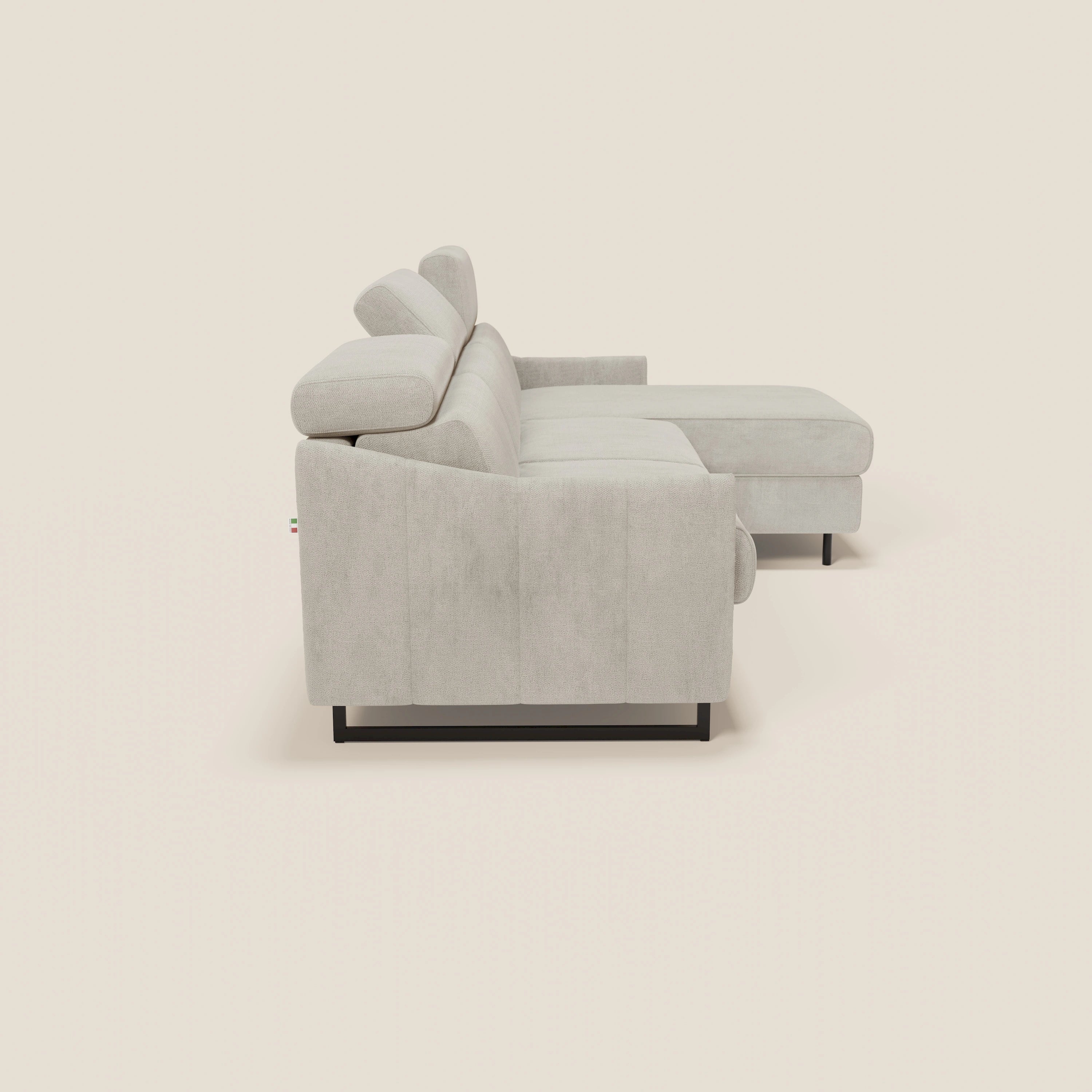 Loto Divano Letto Angolare con Penisola contenitore, Poggiatesta, Materasso Alto H18 in morbido tessuto impermeabile T14 - divani.store