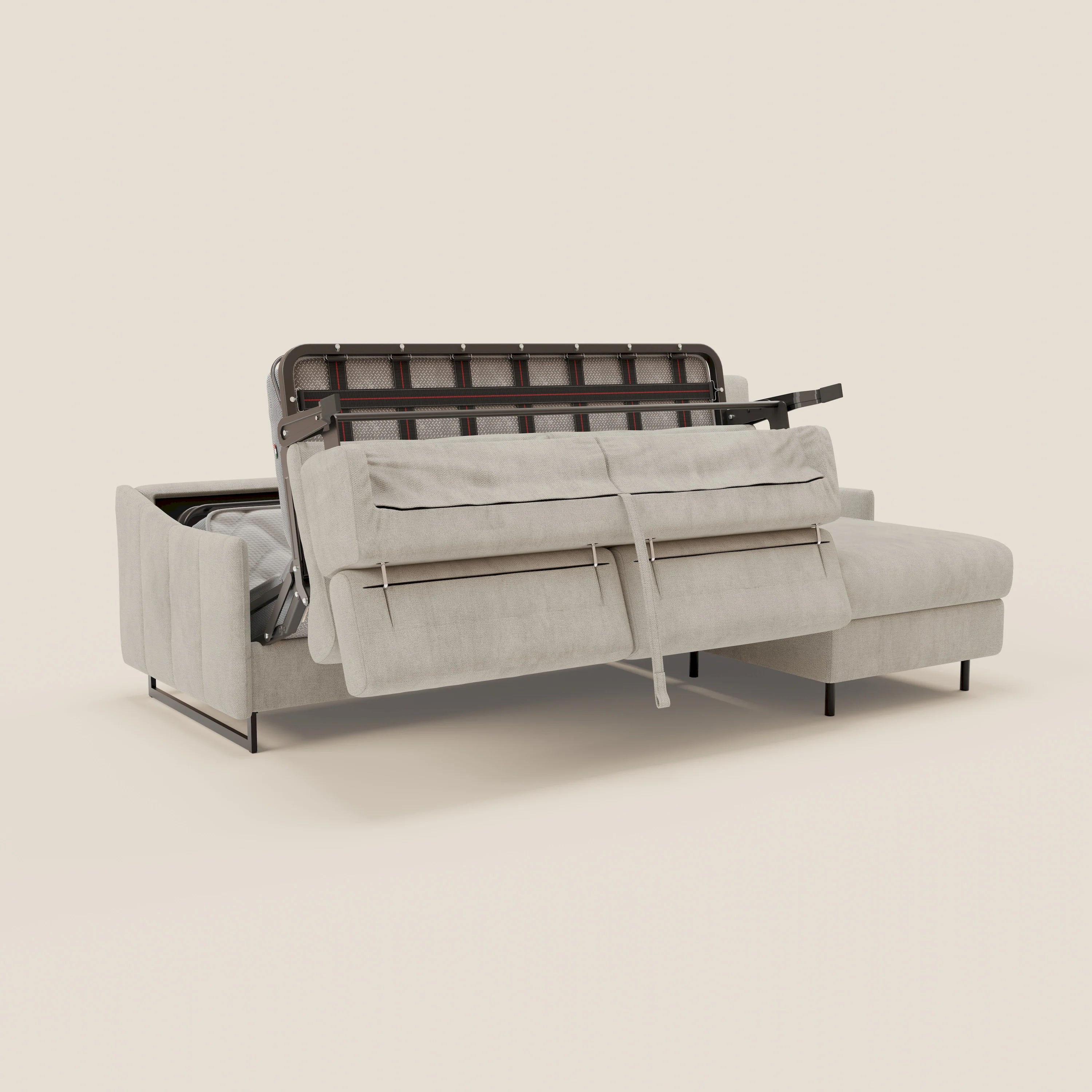 Loto Divano Letto Angolare con Penisola contenitore, Poggiatesta, Materasso Alto H18 in morbido tessuto impermeabile T14 - divani.store