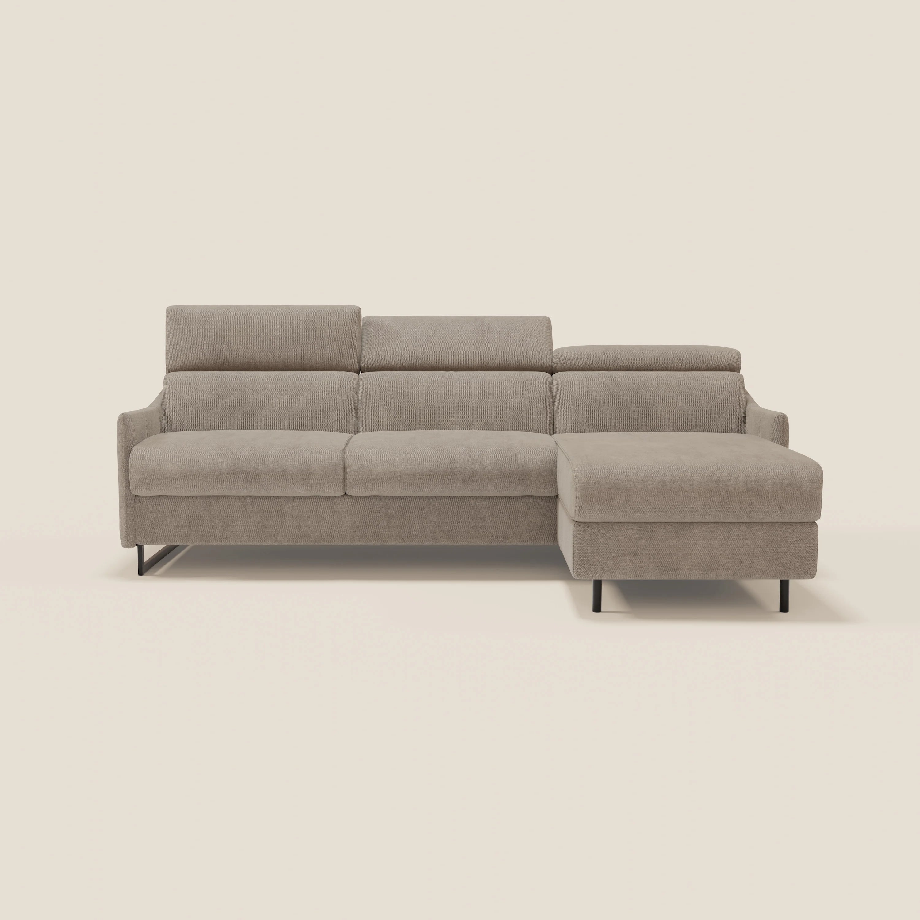 Loto Divano Letto Angolare con Penisola contenitore, Poggiatesta, Materasso Alto H18 in morbido tessuto impermeabile T14 - divani.store