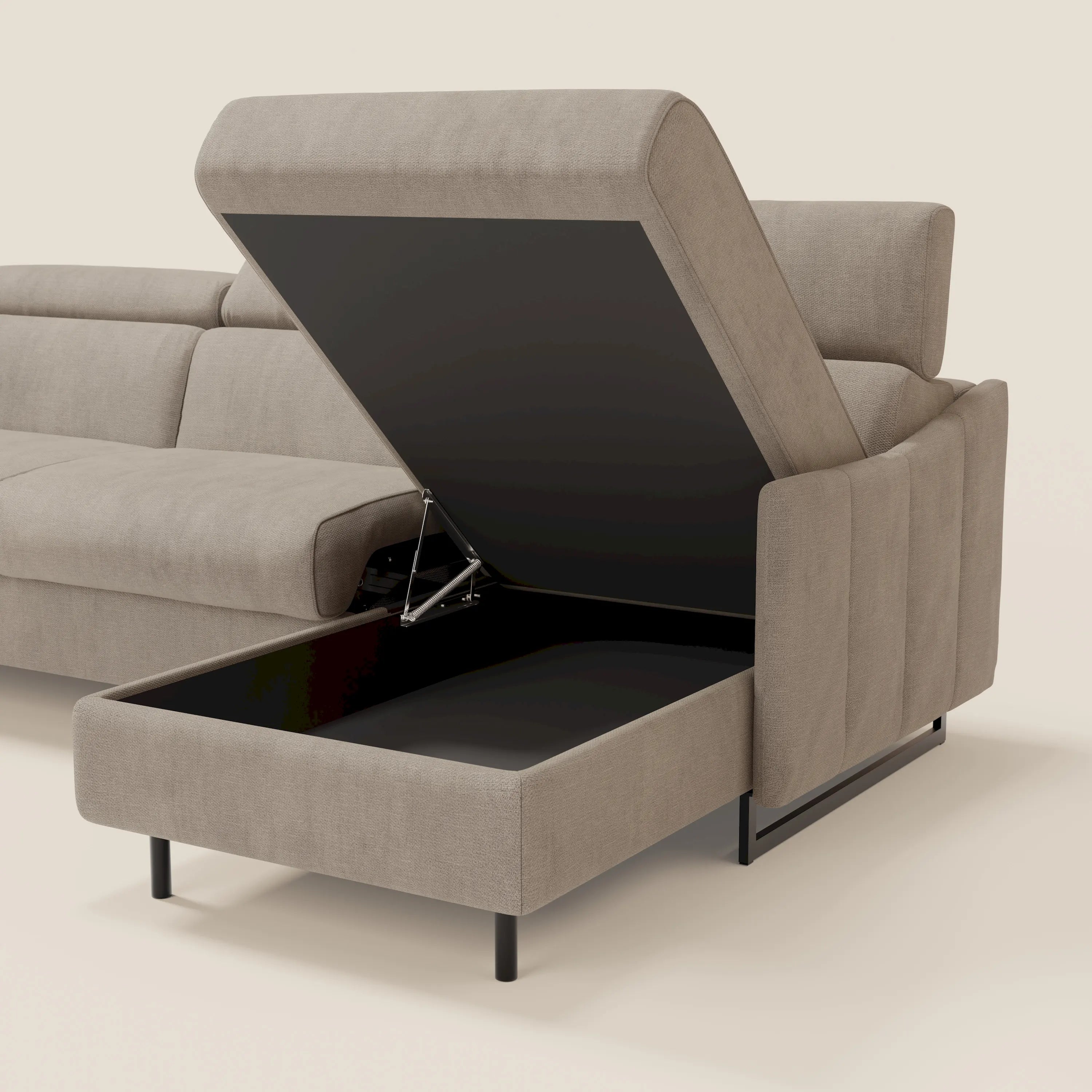 Loto Divano Letto Angolare con Penisola contenitore, Poggiatesta, Materasso Alto H18 in morbido tessuto impermeabile T14 - divani.store