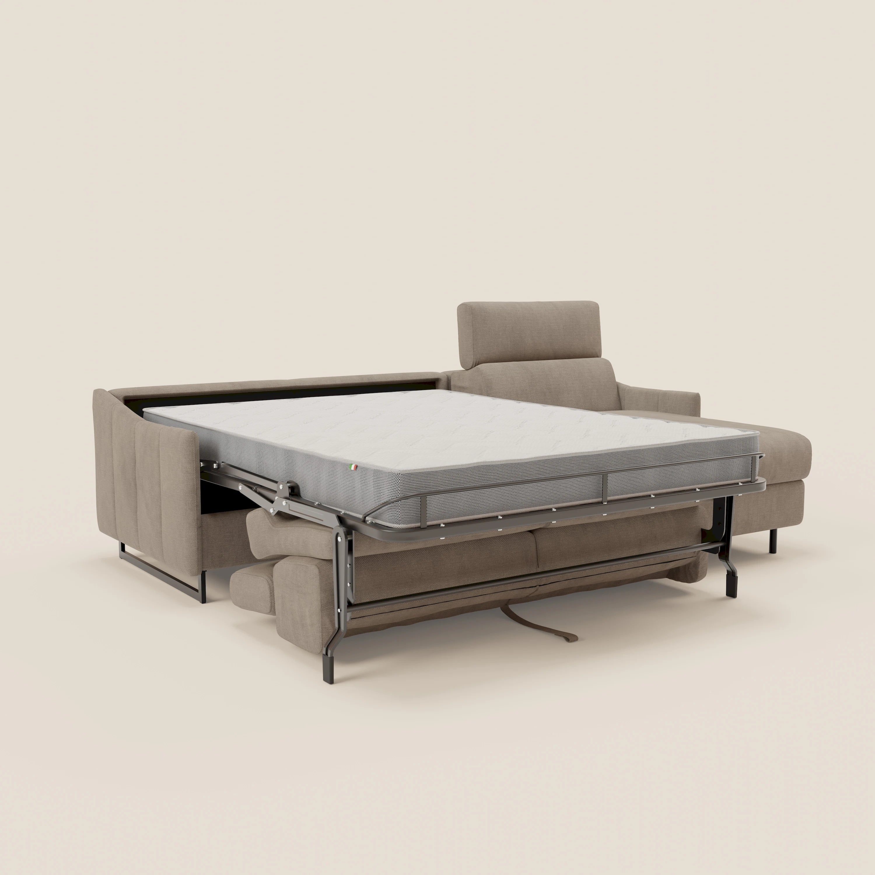 Loto Divano Letto Angolare con Penisola contenitore, Poggiatesta, Materasso Alto H18 in morbido tessuto impermeabile T14 - divani.store